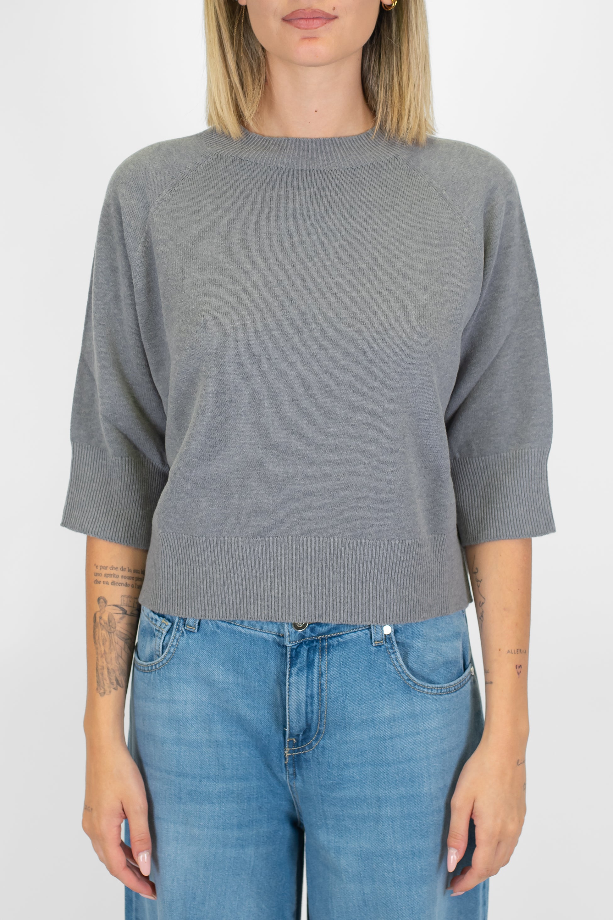 Kontatto - Maglia girocollo a coste in misto lana con manica tre quarti