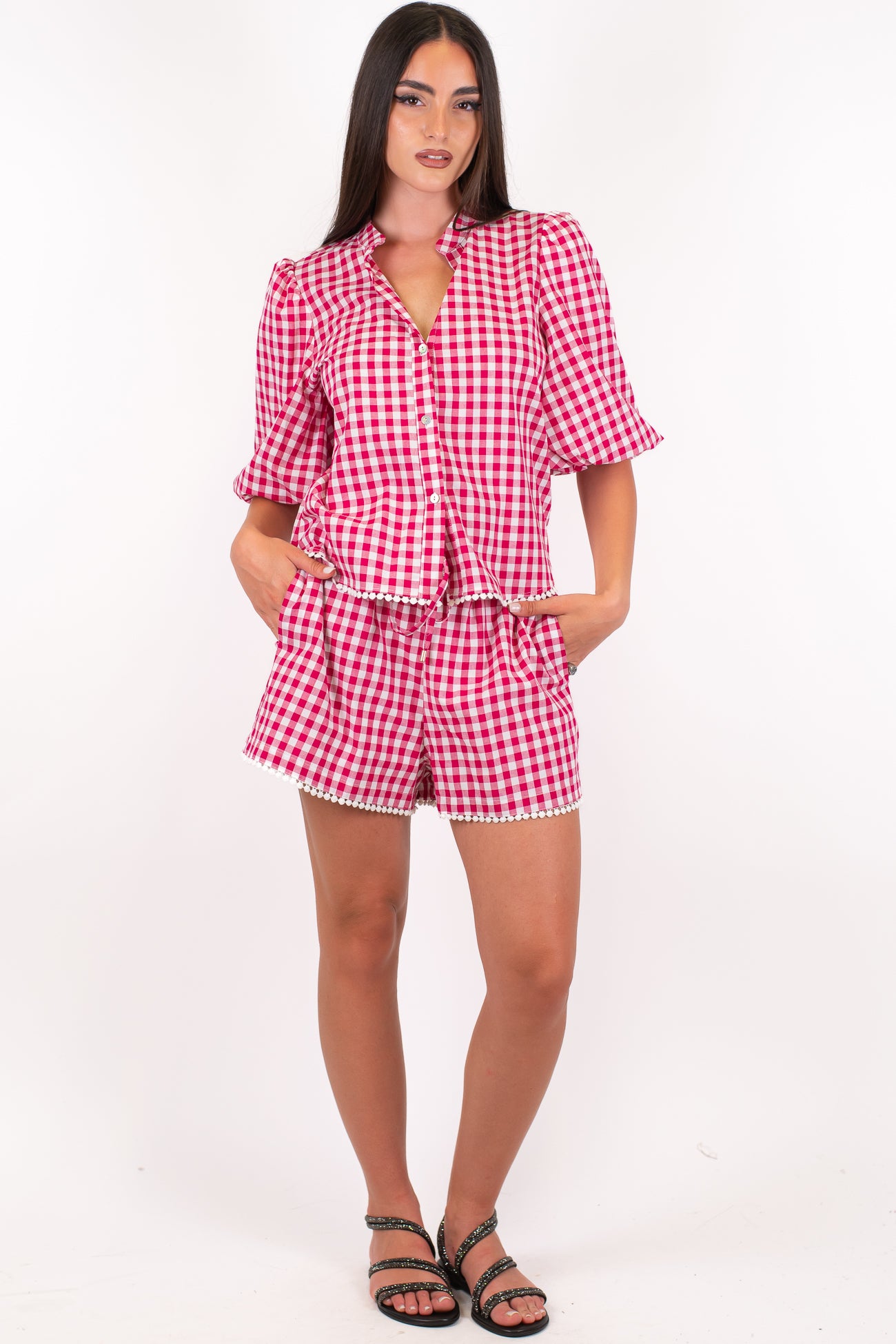 Motel - Coordinato fantasia vichy con camicia mezzamanica e shorts con coulisse