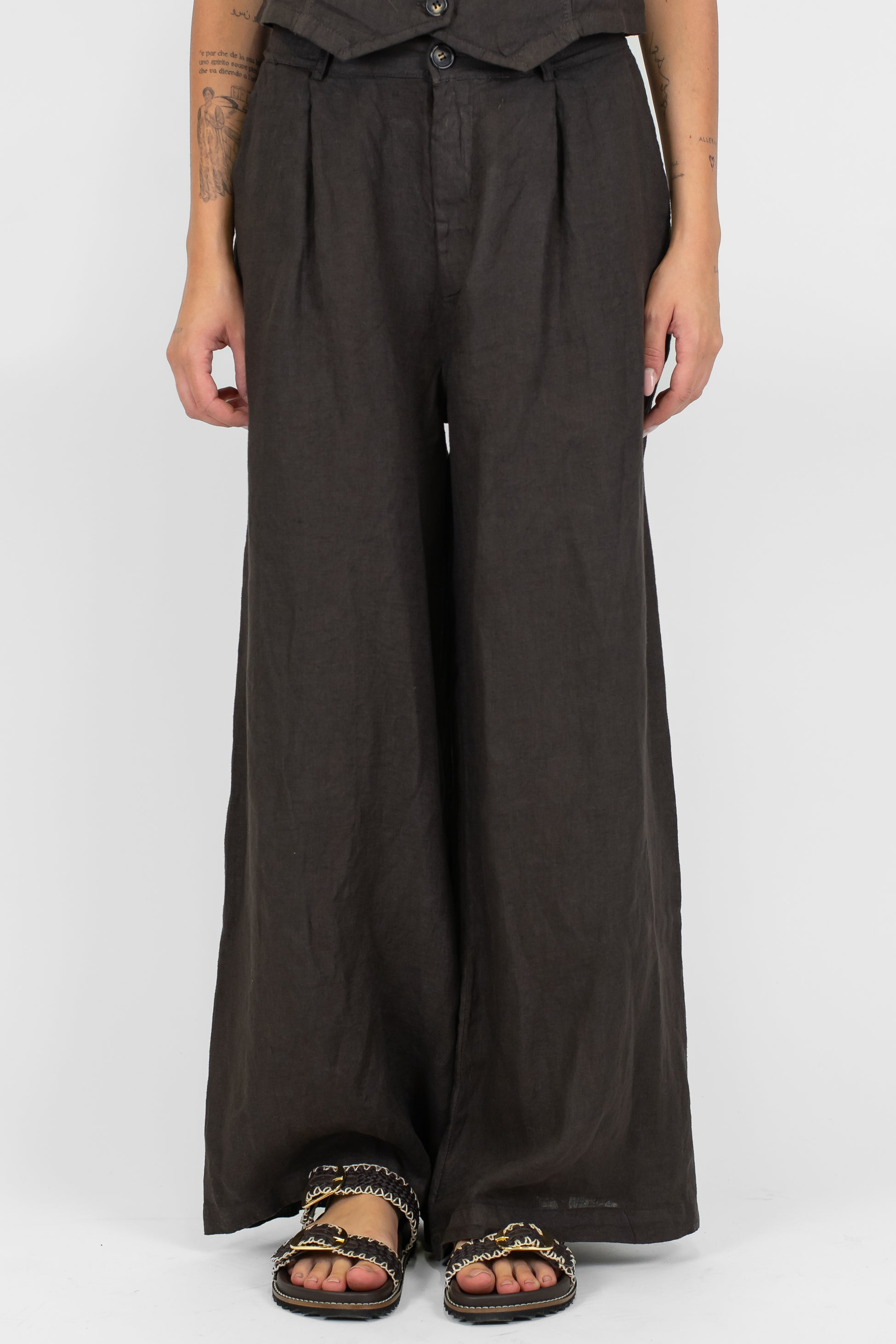 Haveone - Pantalone palazzo in puro lino con pinces ed elastico sul retro