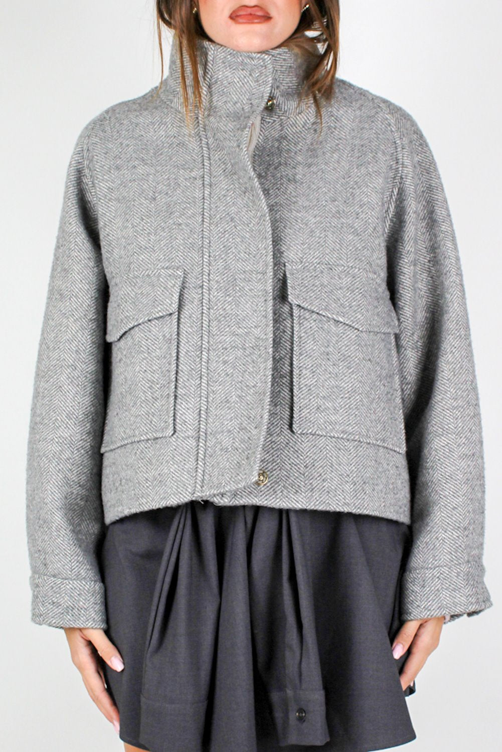 Maryley - Cappotto corto fantasia spigata con chiusura a zip a scomparsa