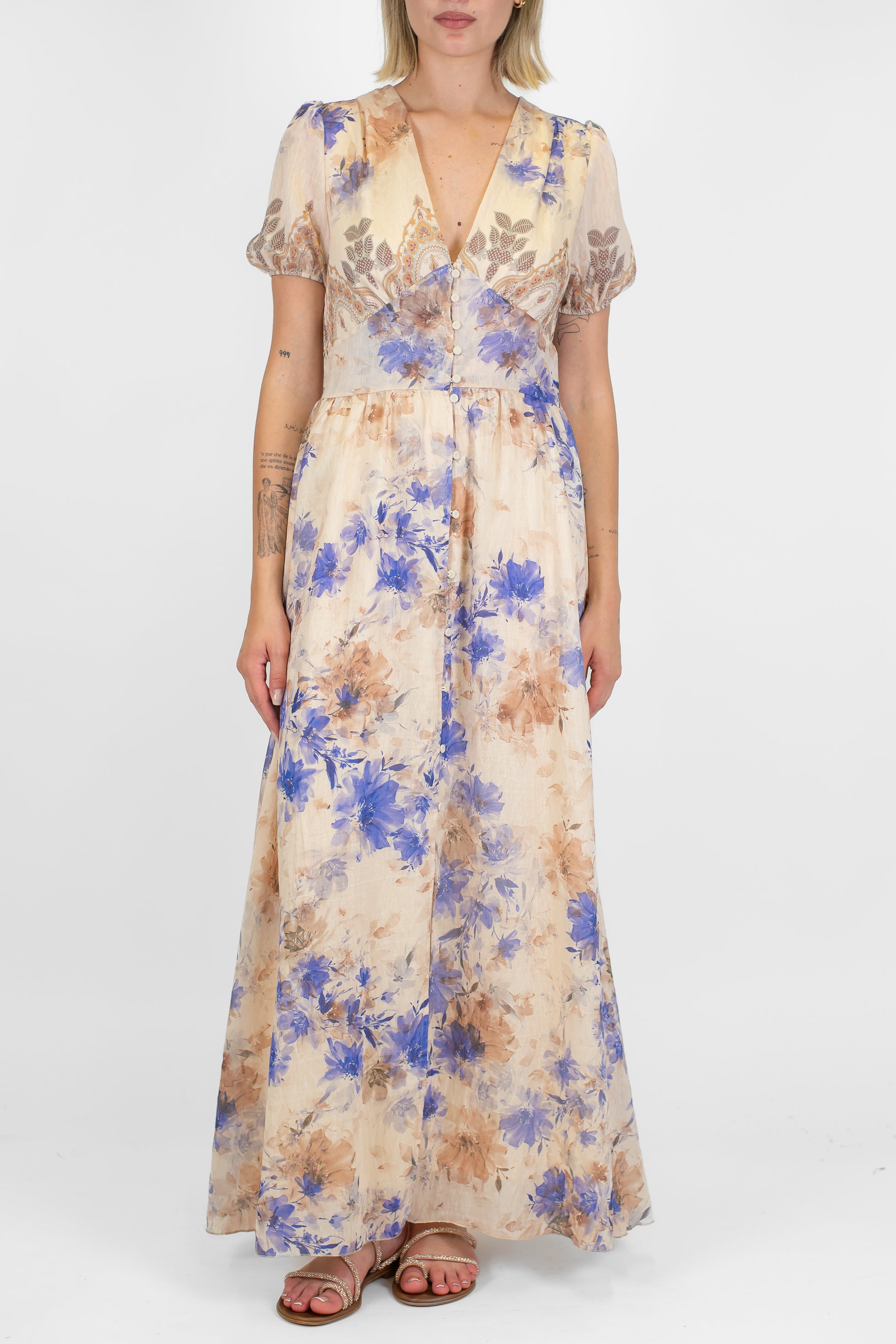 Tensione in - Abito lungo mezzamanica fantasia floreale in misto tencel e lino con scollo a V