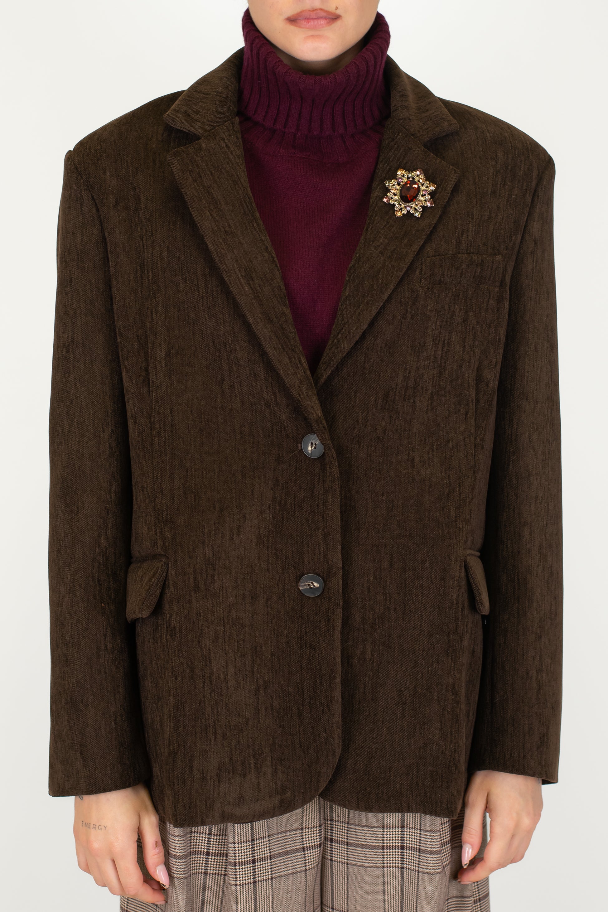 Motel - Giacca monopetto in velluto liscio con spilla