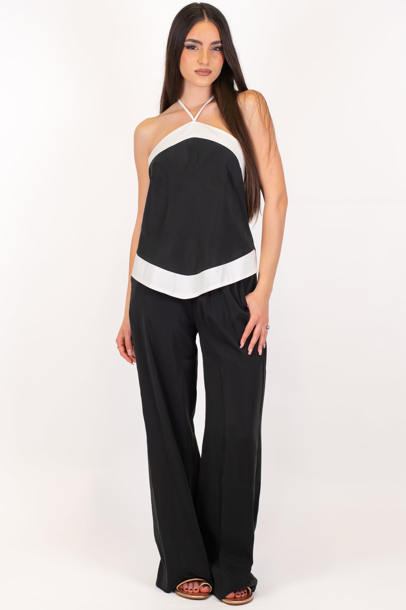Maryley - Coordinato top scollo americano con profilo a contrasto e pantalone palazzo con elastico in vita