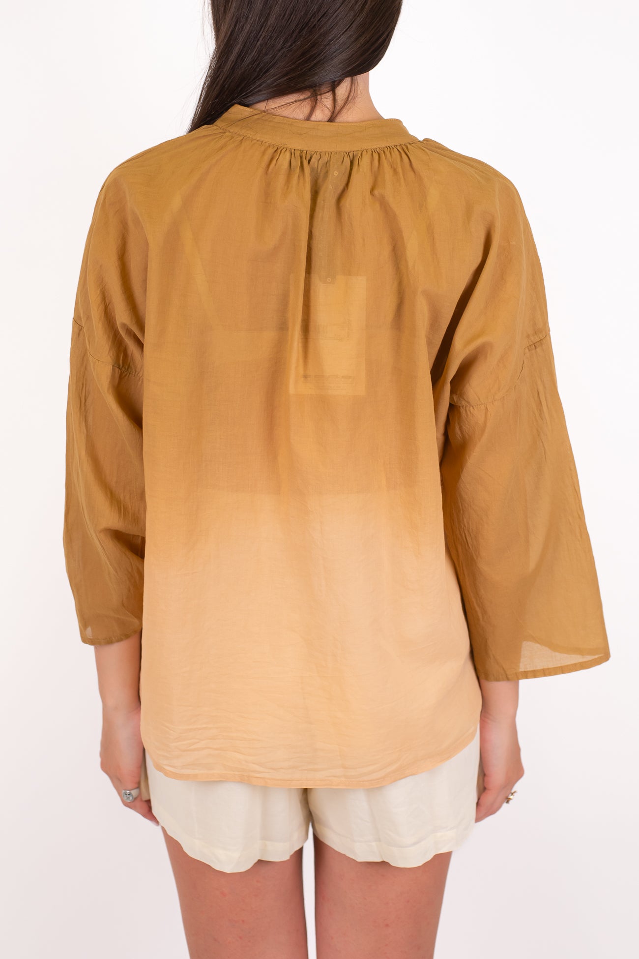 Haveone - Camicia fantasia sfumata in musssola di cotone con collo coreano e manicha tre quarti