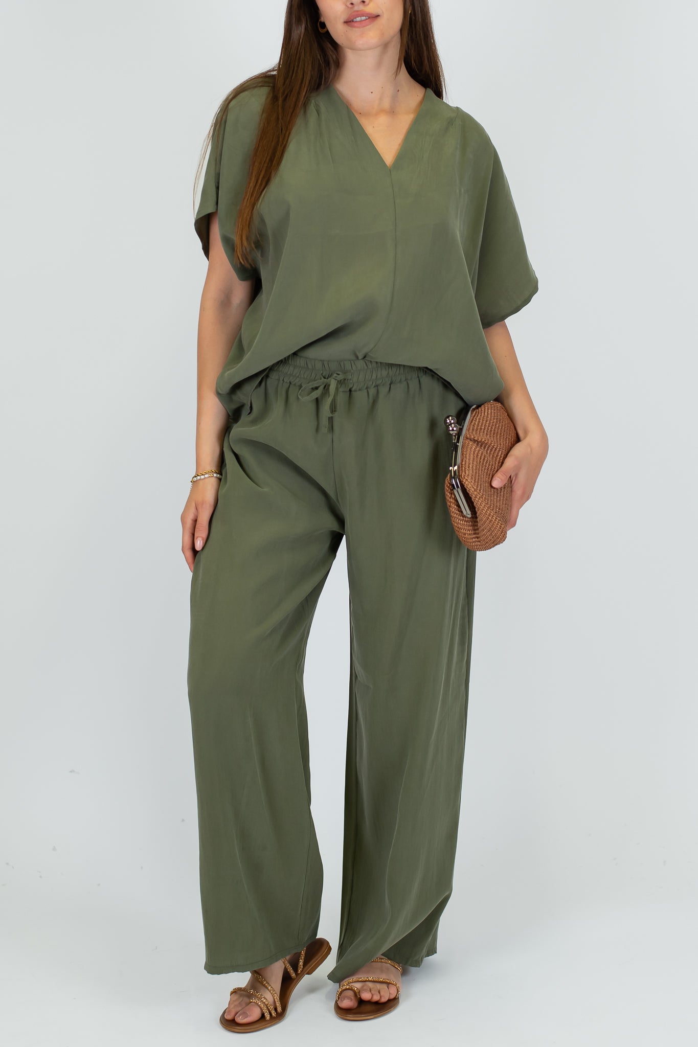 Haveone - Coordinato blusa scollo V e pantalone palazzo in cupro