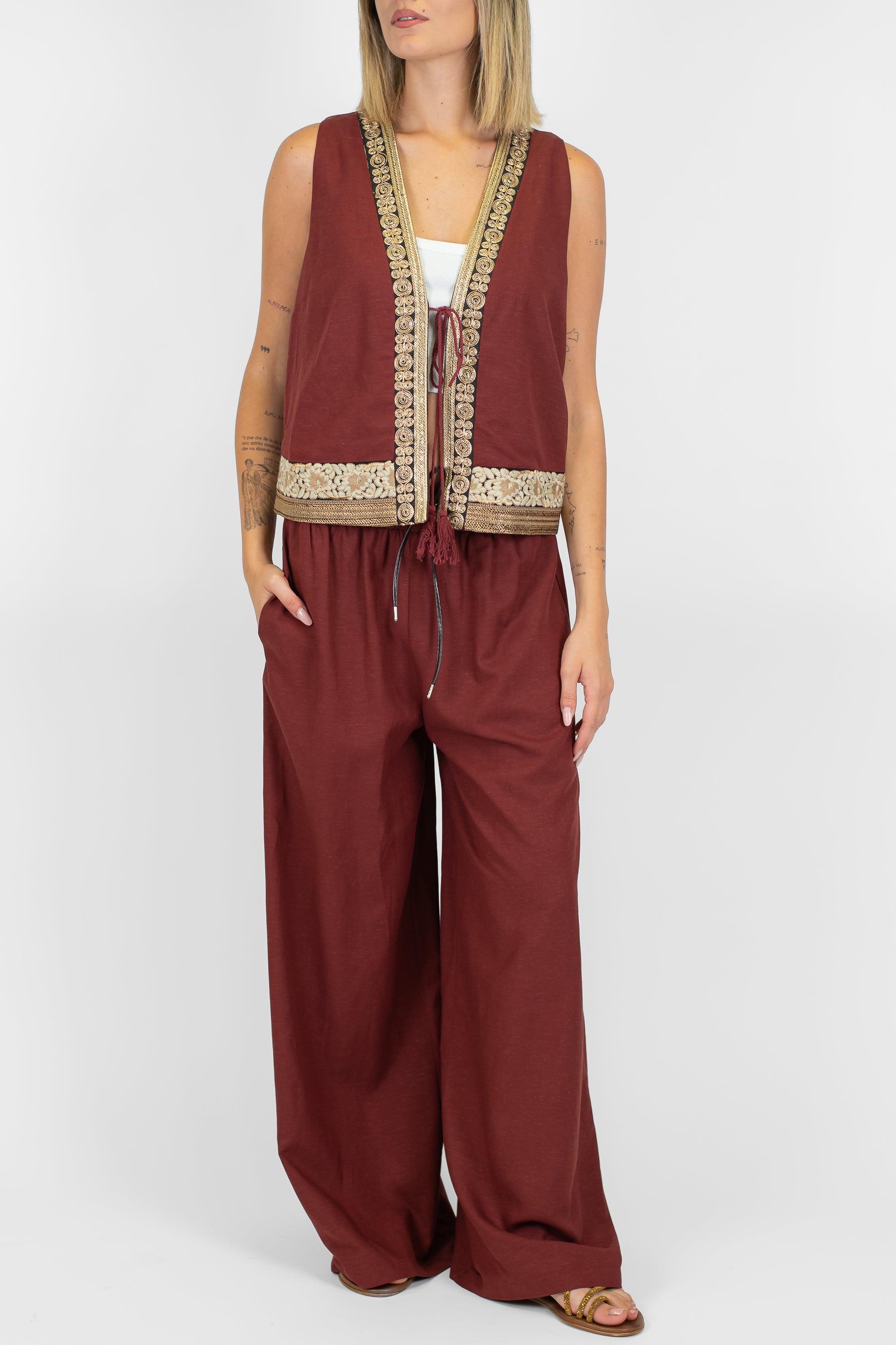 Motel - Pantalone palazzo in misto lino con elastico in vita