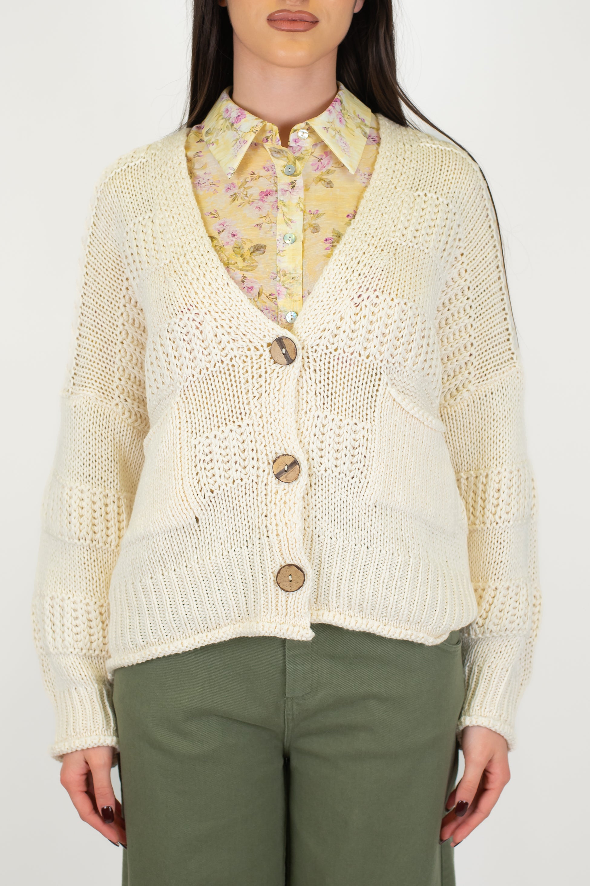 Haveone - Cardigan tre bottoni in filato leggero con bande in rilievo