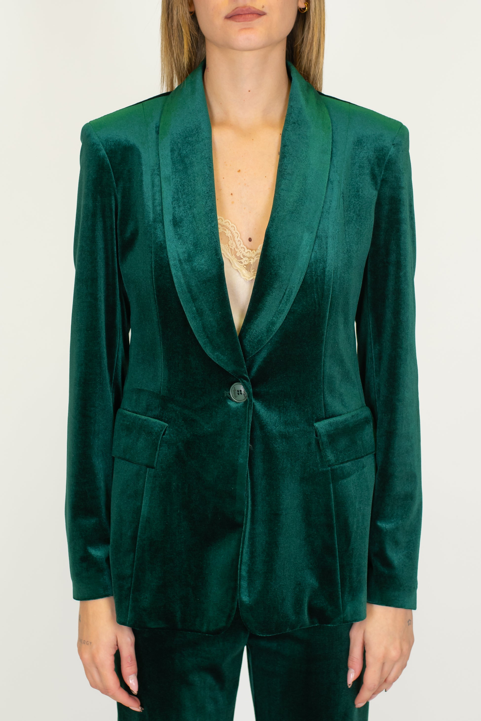 Maryley - Tailleur giacca con collo sciallato e pantalone palazzo in velluto con elastico in vita