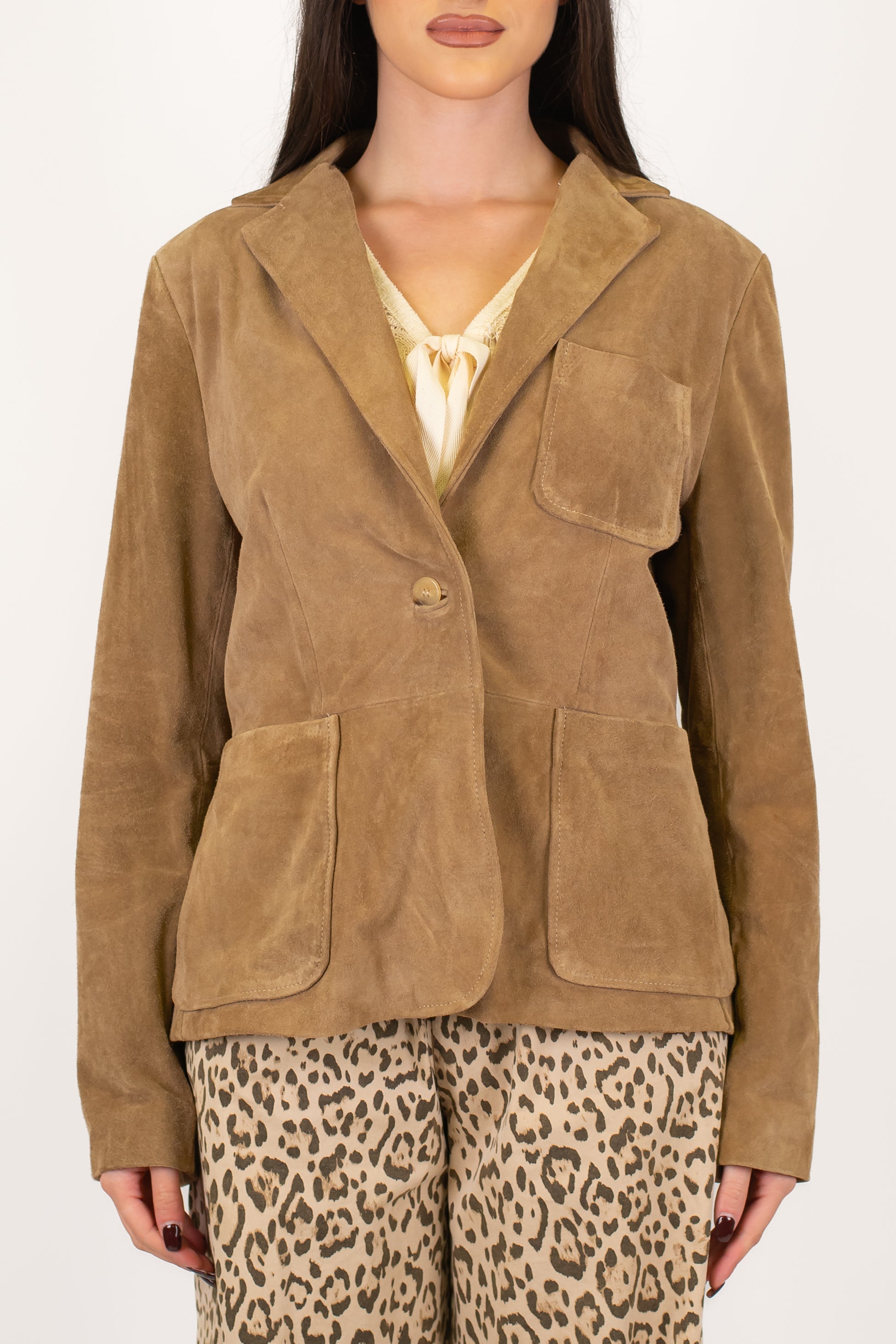 Maryley - Giacca slim monopetto in vero camoscio con tasche