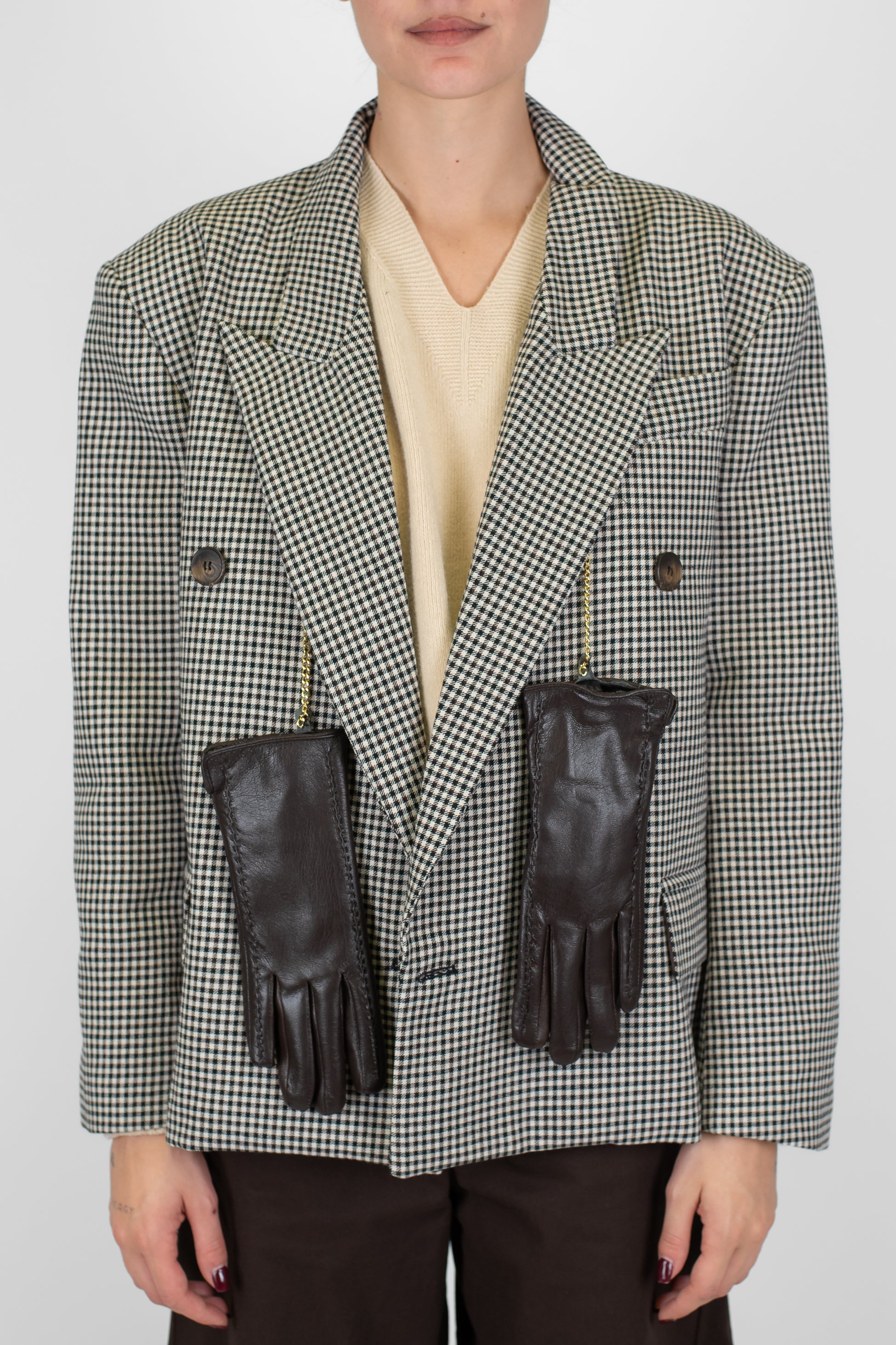 Tensione in - Giacca crop doppiopetto fantasia quadretti con guanti