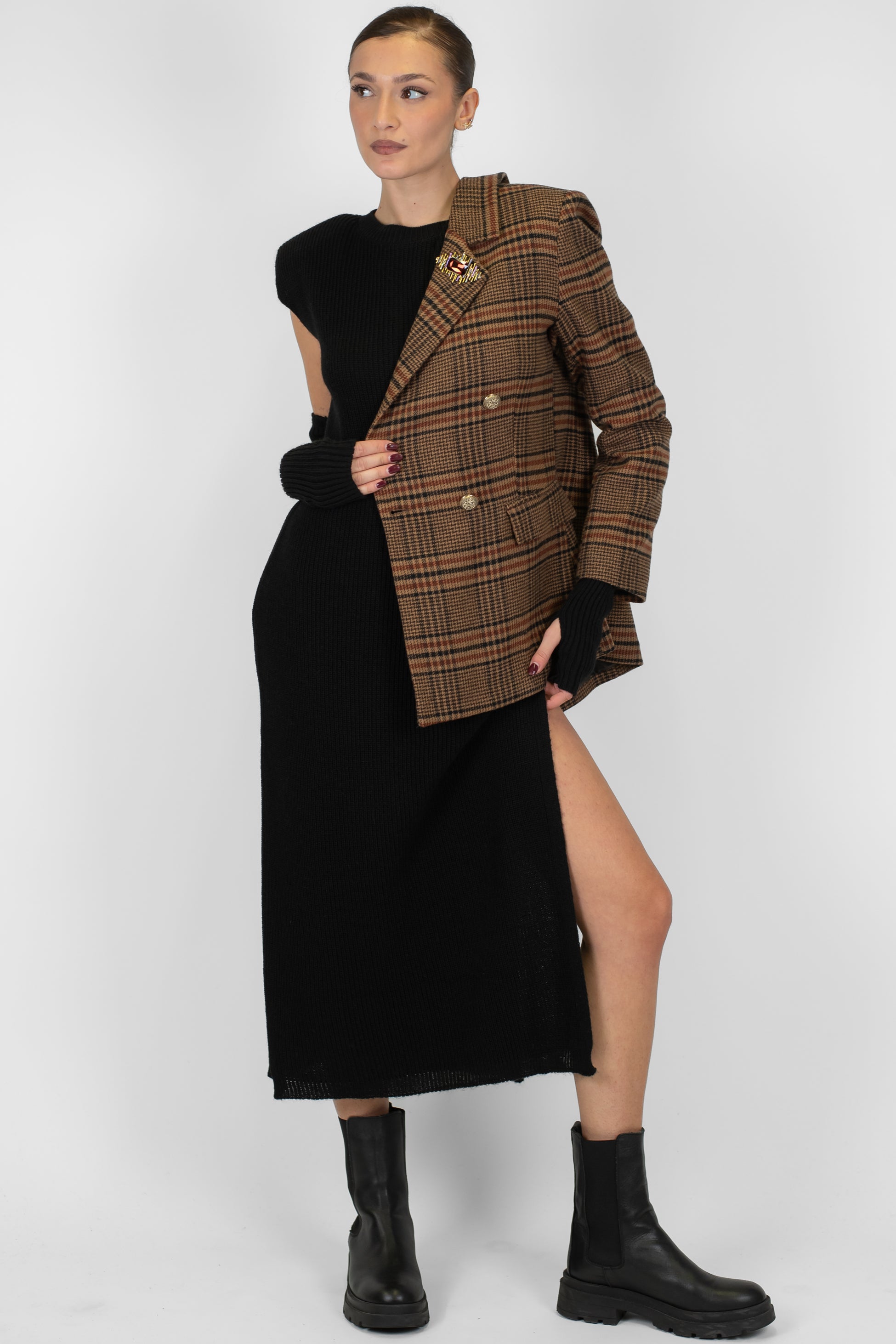 Tensione in - Giacca doppiopetto fantasia principe di galles in misto lana con spille gioiello