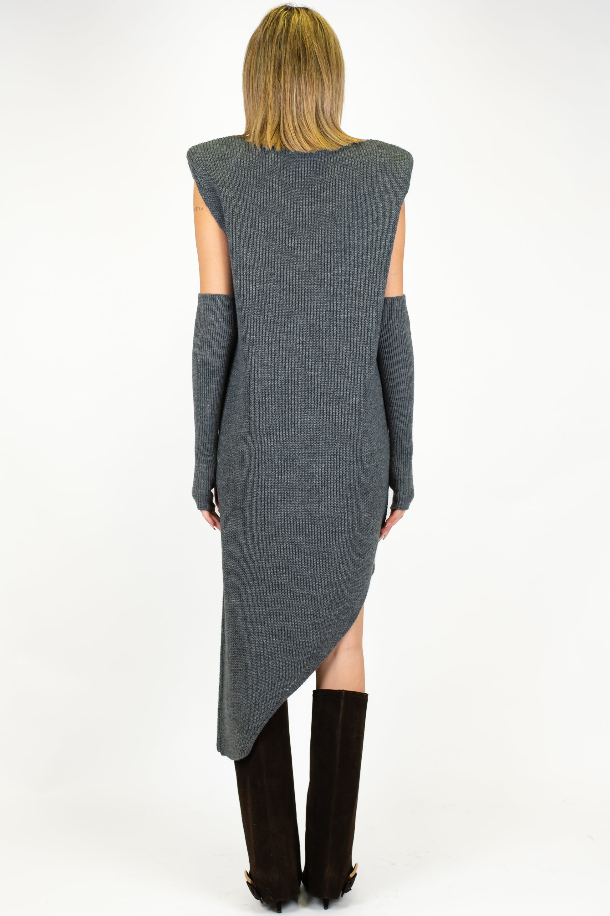 Dixie - Abito lungo asimmetrico a coste in misto lana con spalline e manicotti