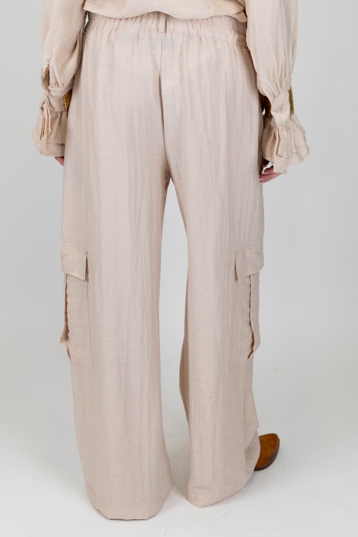 Haveone - Pantalone cargo palazzo in misto lino con elastico in vita