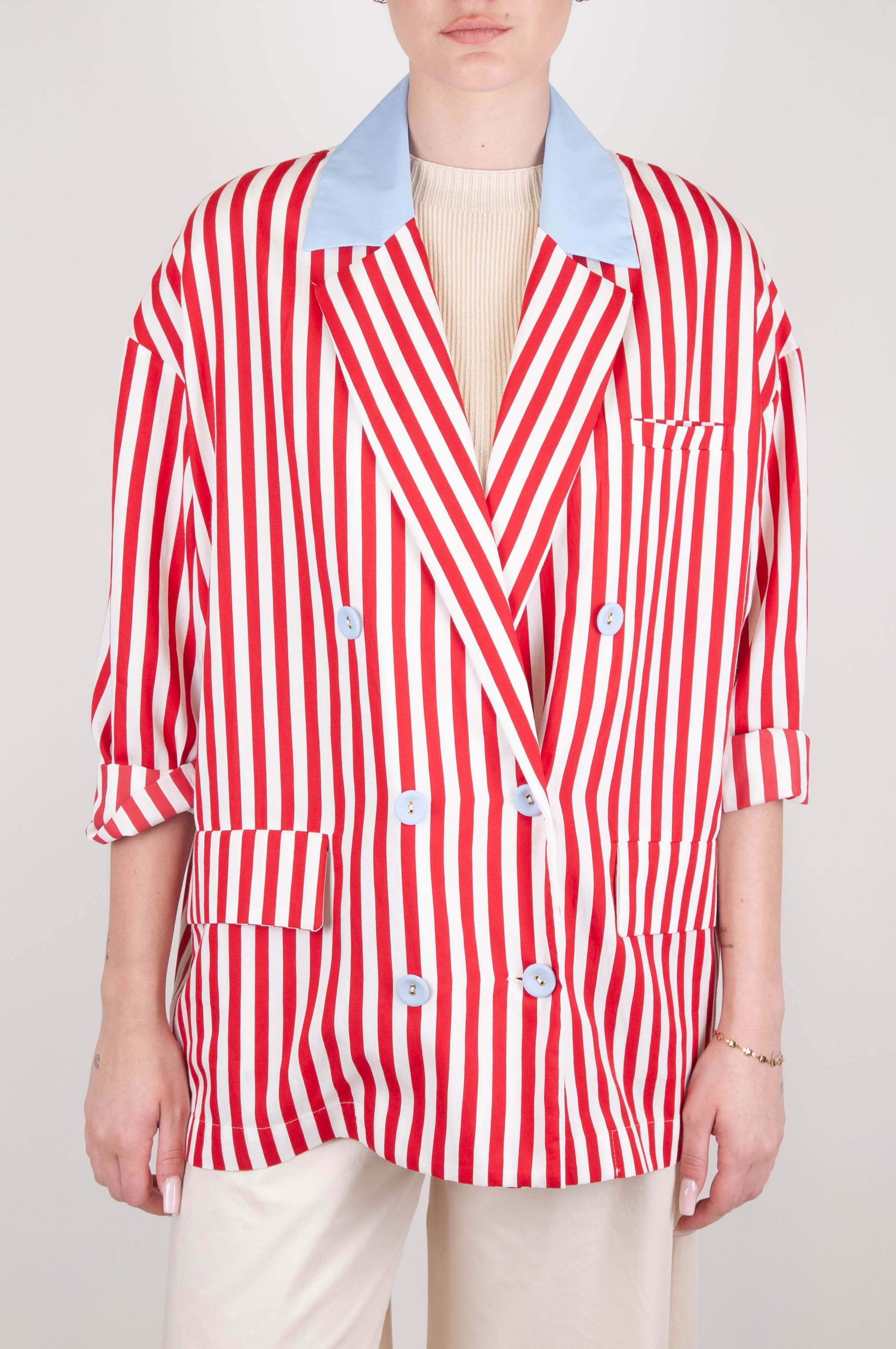 Souvenir - Giacca over doppiopetto a righe con colletto e bottoni a contrasto