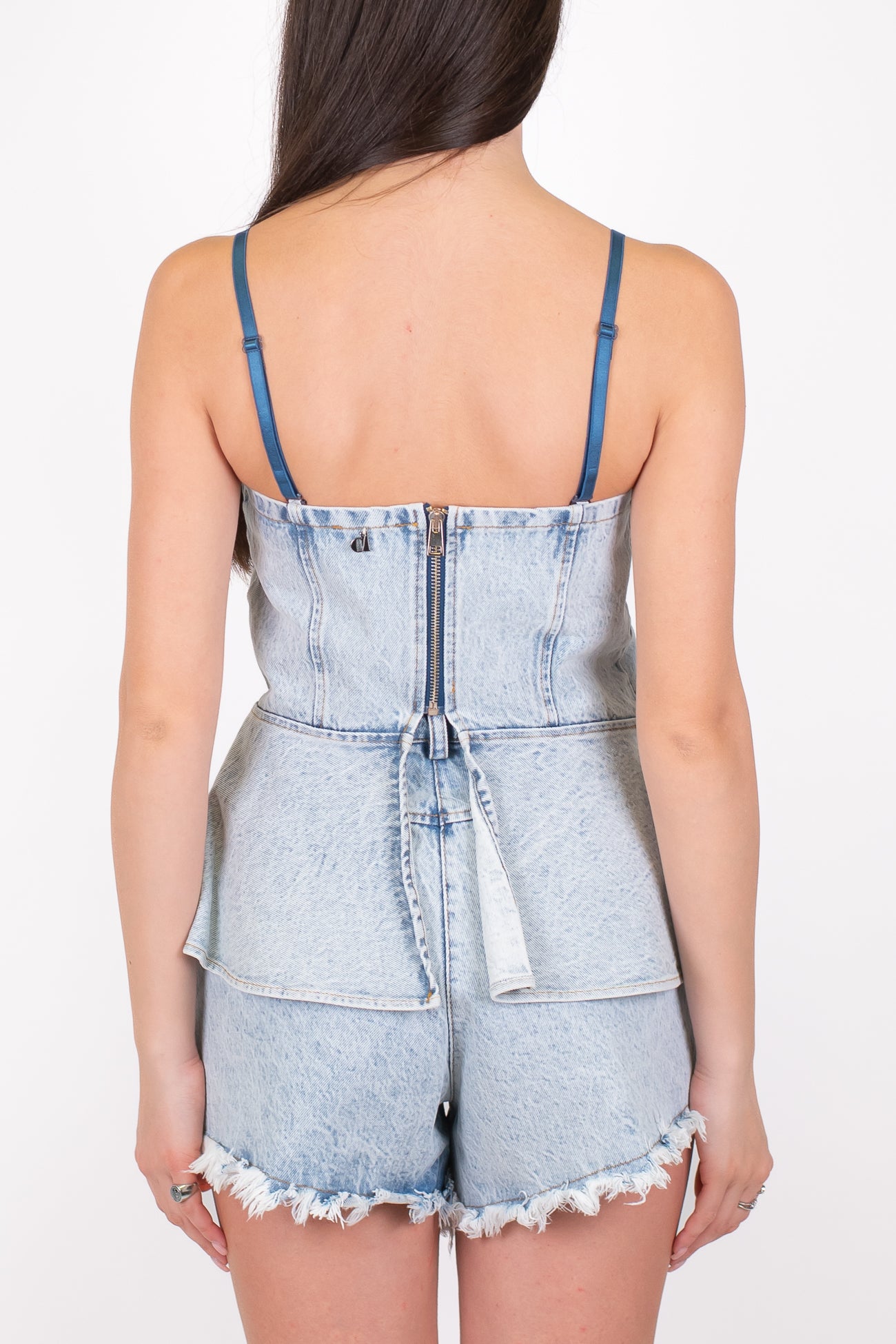 Dixie - Top svasato in denim lavaggio chiaro con chiusura a zip sul retro