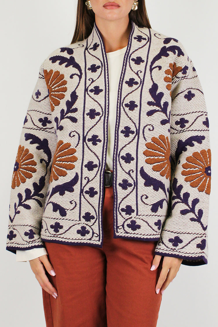 Tensione in - Cardigan fantasia floreale astratta in misto lana senza bottoni