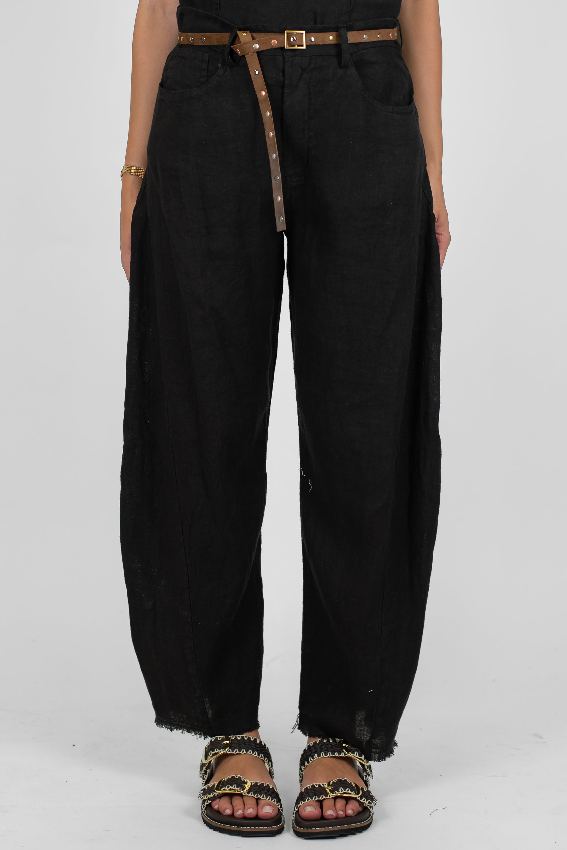 Tensione in - Pantalone balloon 100% lino sfrangiato sotto