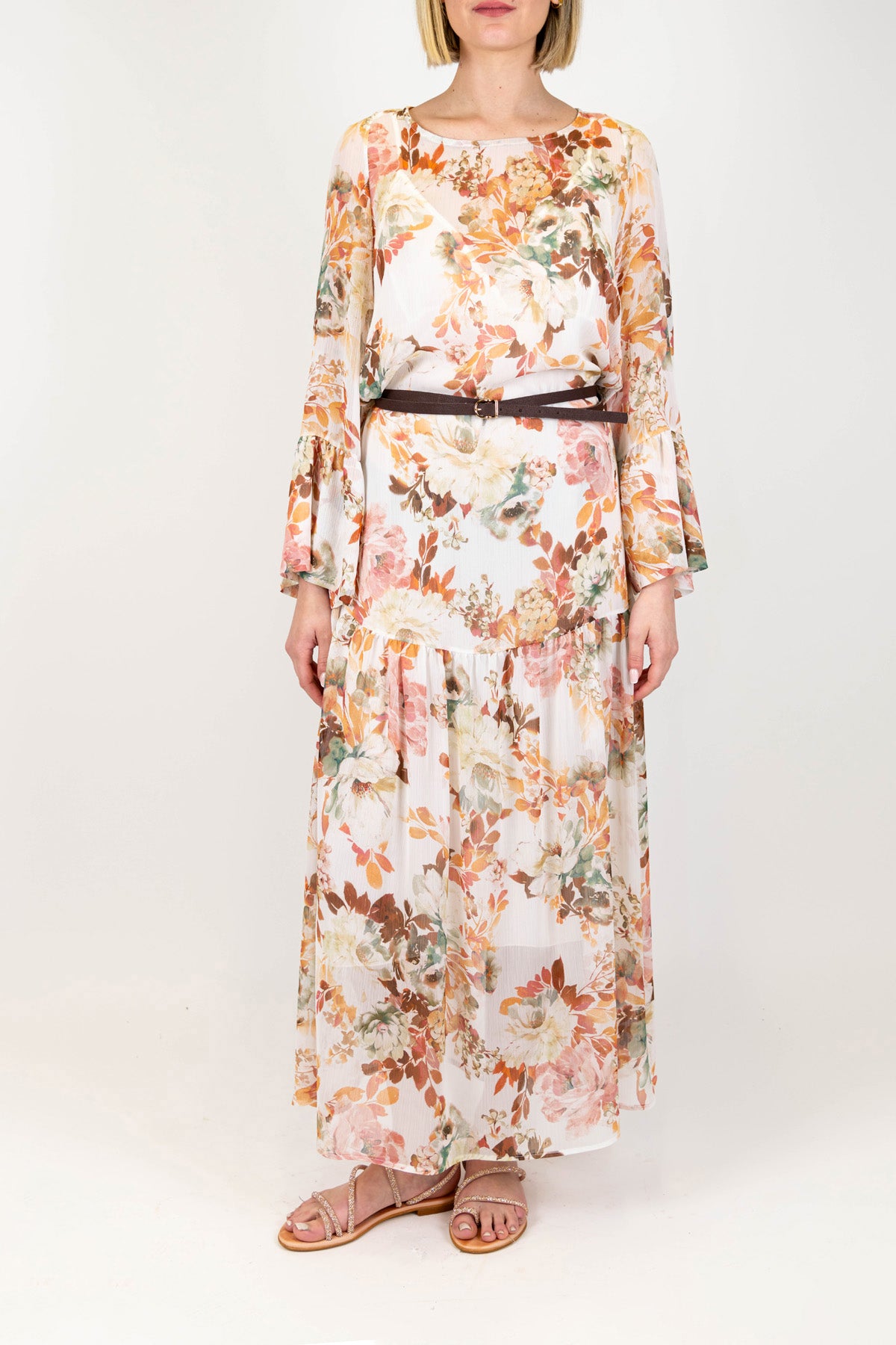 Maryley - Abito lungo fantasia floreale con manica a campana e sottanino