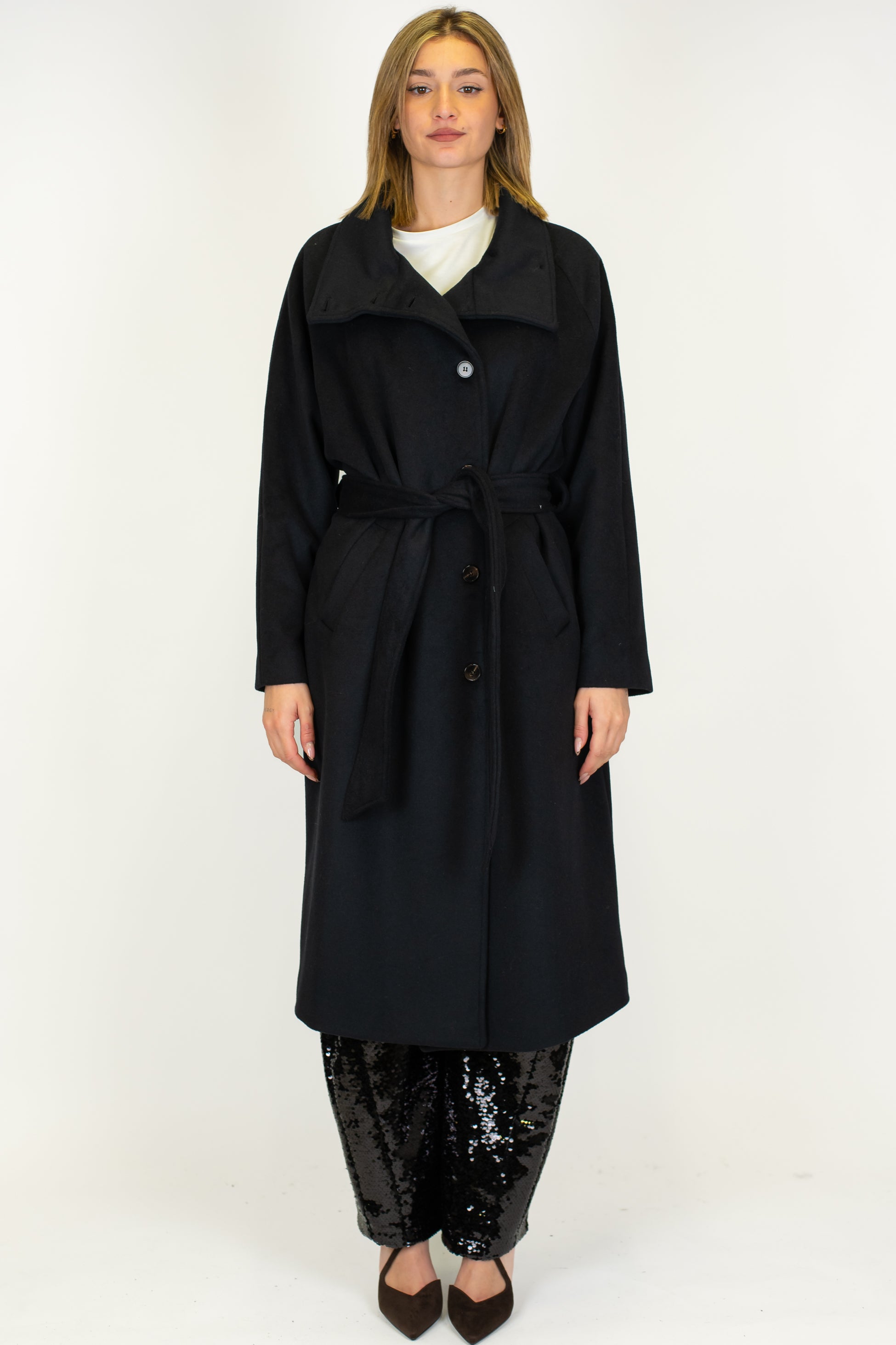 Tensione in - Cappotto lungo collo alto in misto lana con cintura in tessuto