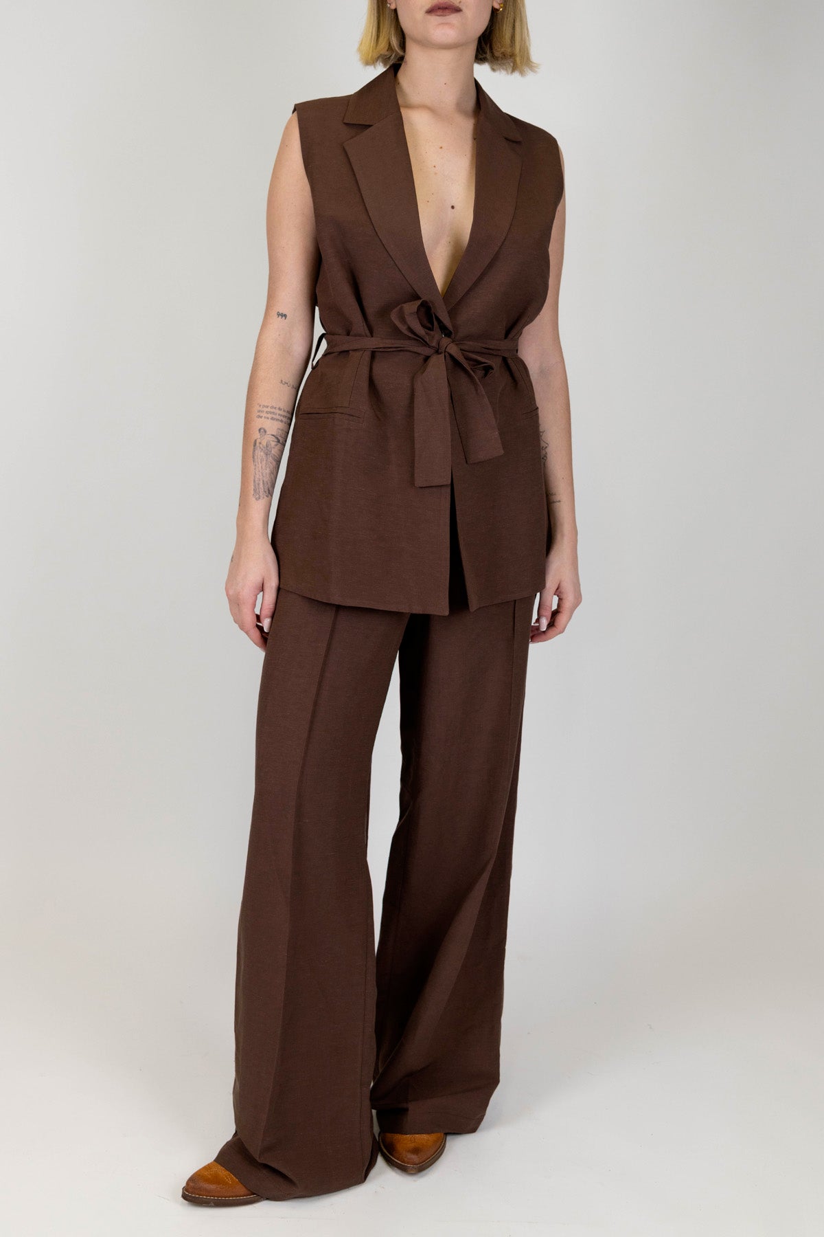 Motel - Giacca giromaniche in misto lino con cintura in tessuto