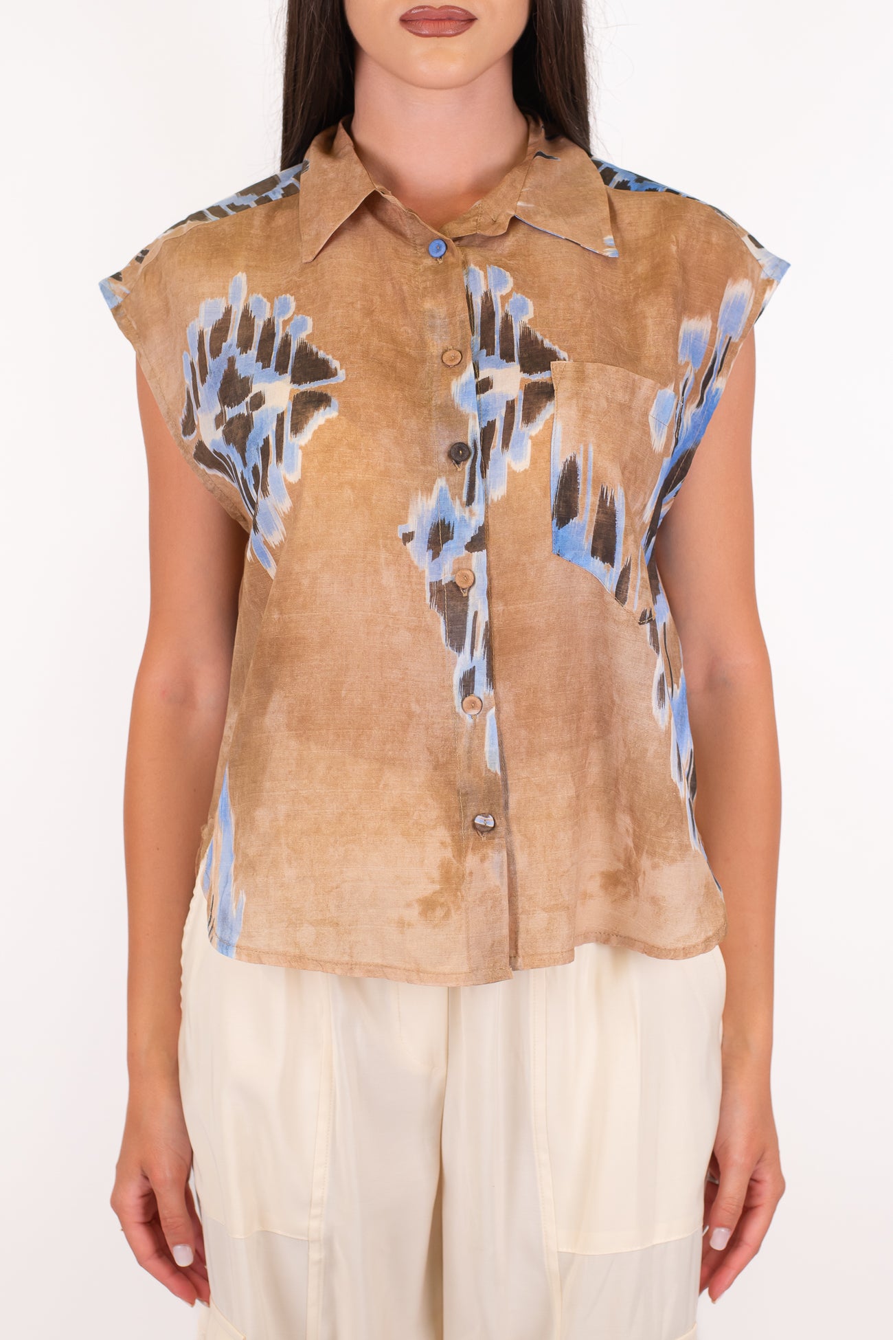 Tensione in - Camicia giromaniche fantasia astratta in mussola di cotone