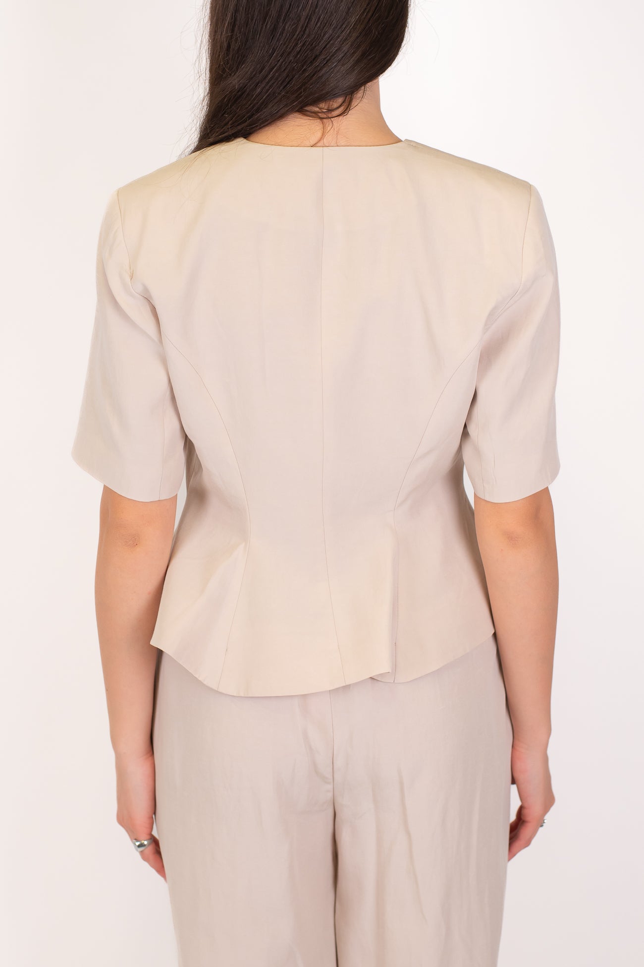 Motel - Coordinato in tencel con giacca girocollo mezzamanica e pantalone palazzo con elastico sul retro