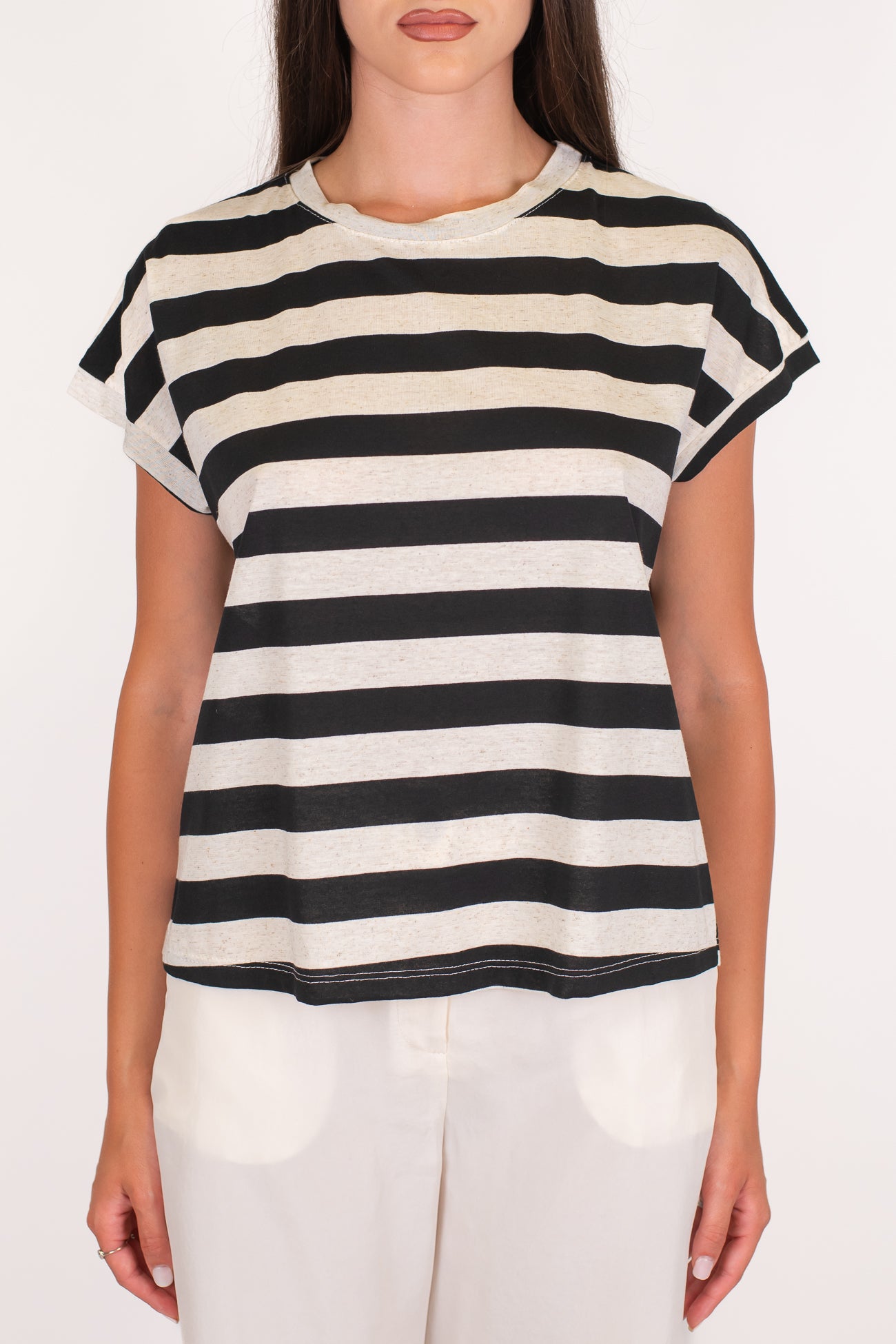 Dixie - T-shirt fantasia a righe in misto cotone e lino