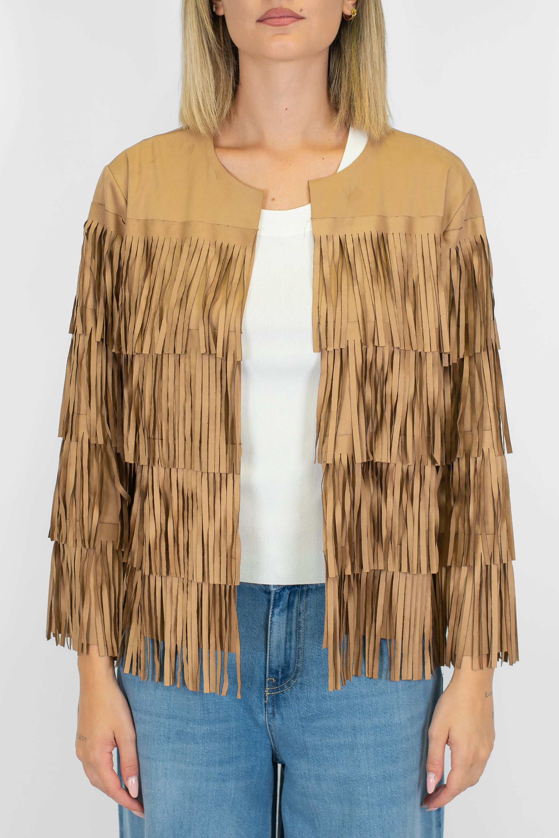 Dixie - Giacca in dainetto priva di bottoni con frange