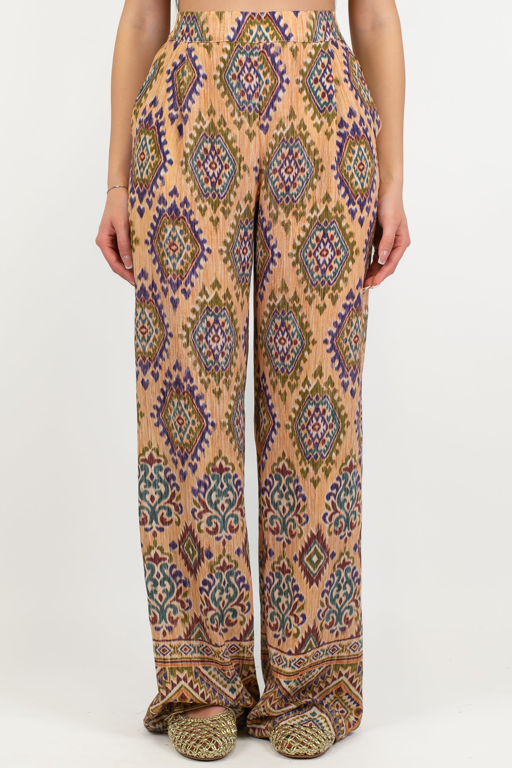Dixie - Pantalone palazzo fantasia etnica in viscosa con elastico in vita