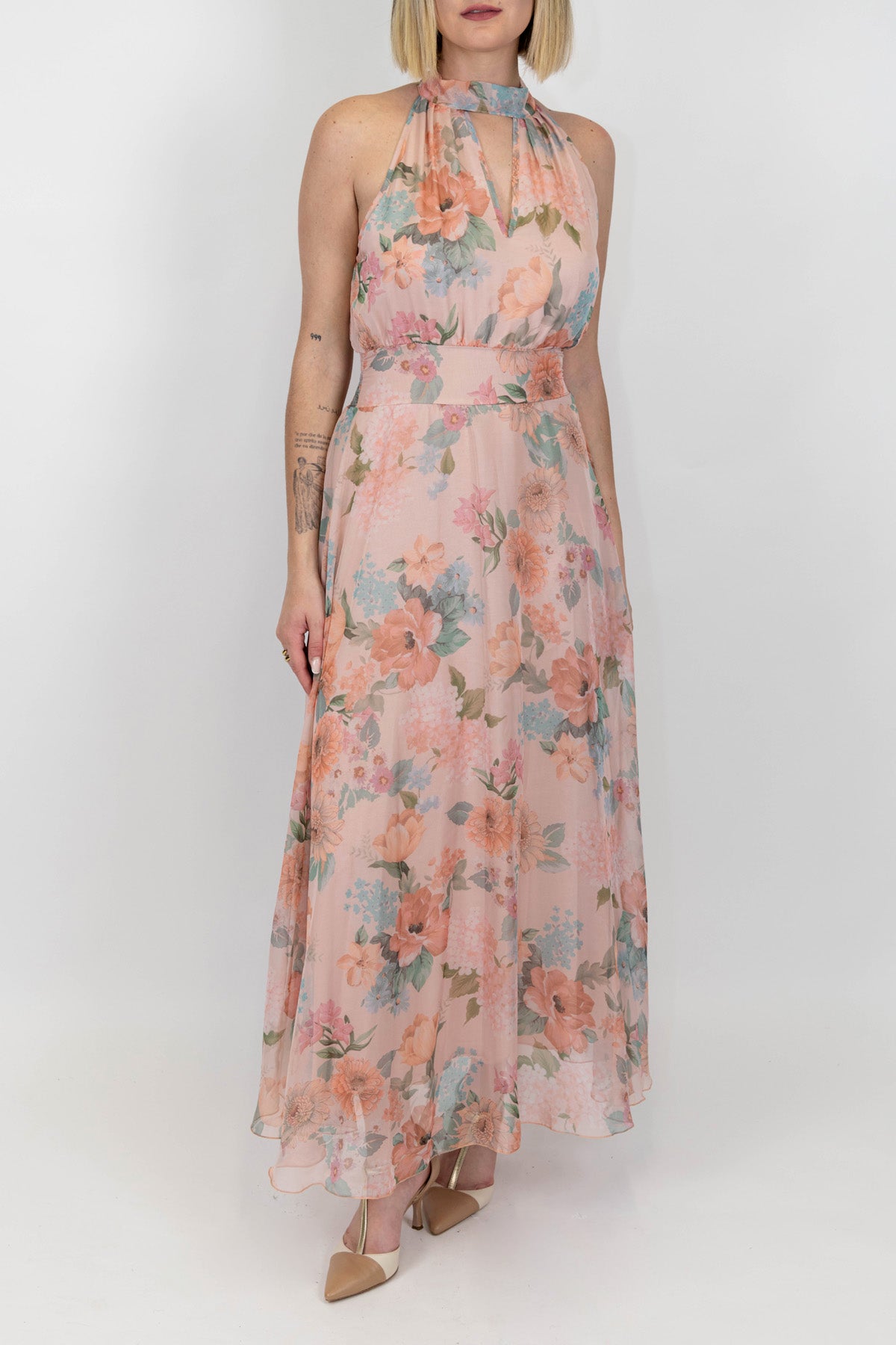 Tensione in - Abito lungo fantasia floreale con scollo all'americana ed elastico in vita