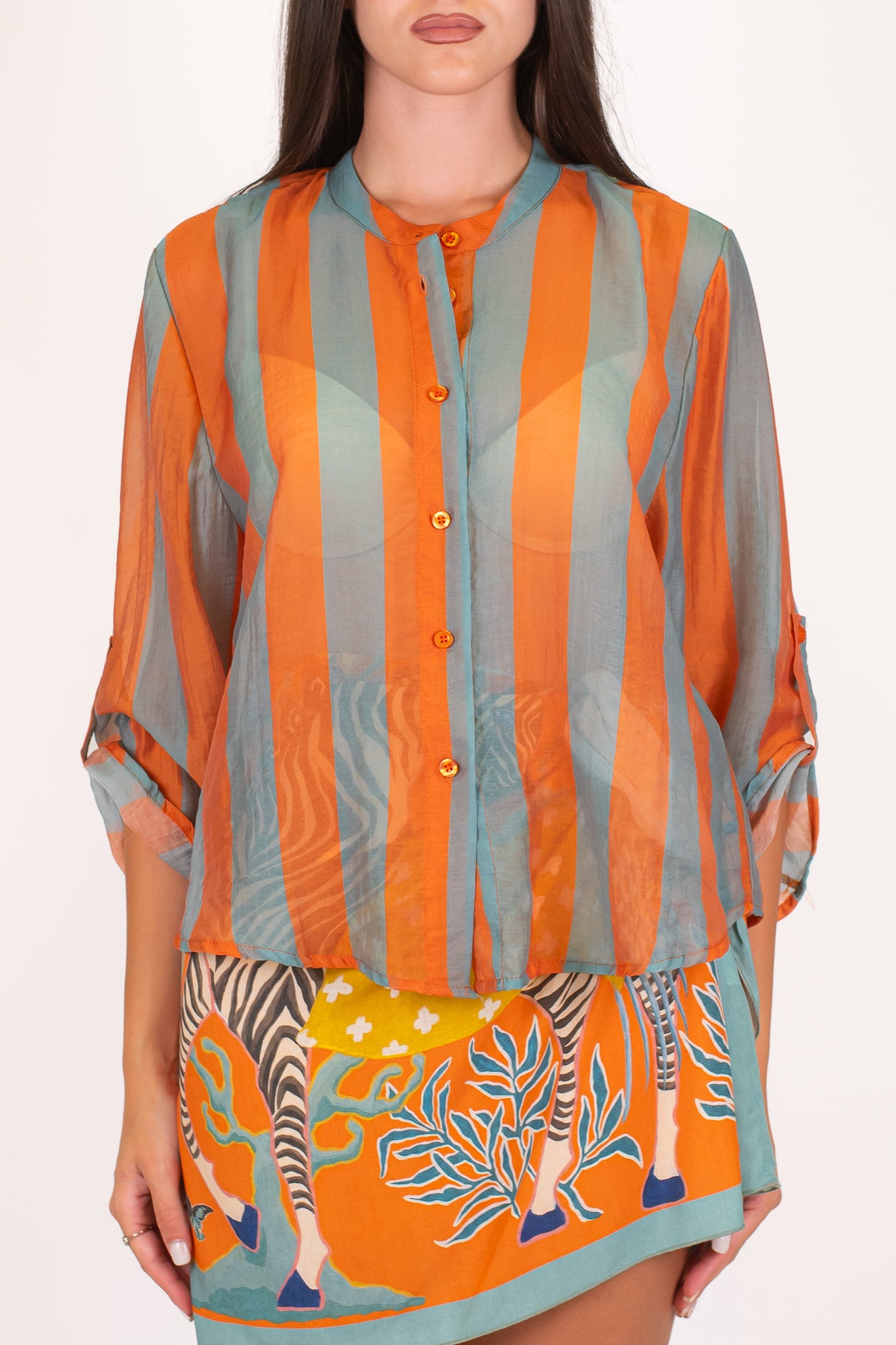 Haveone - Camicia fantasia a righe a contrasto in lyocell con manica tre quarti