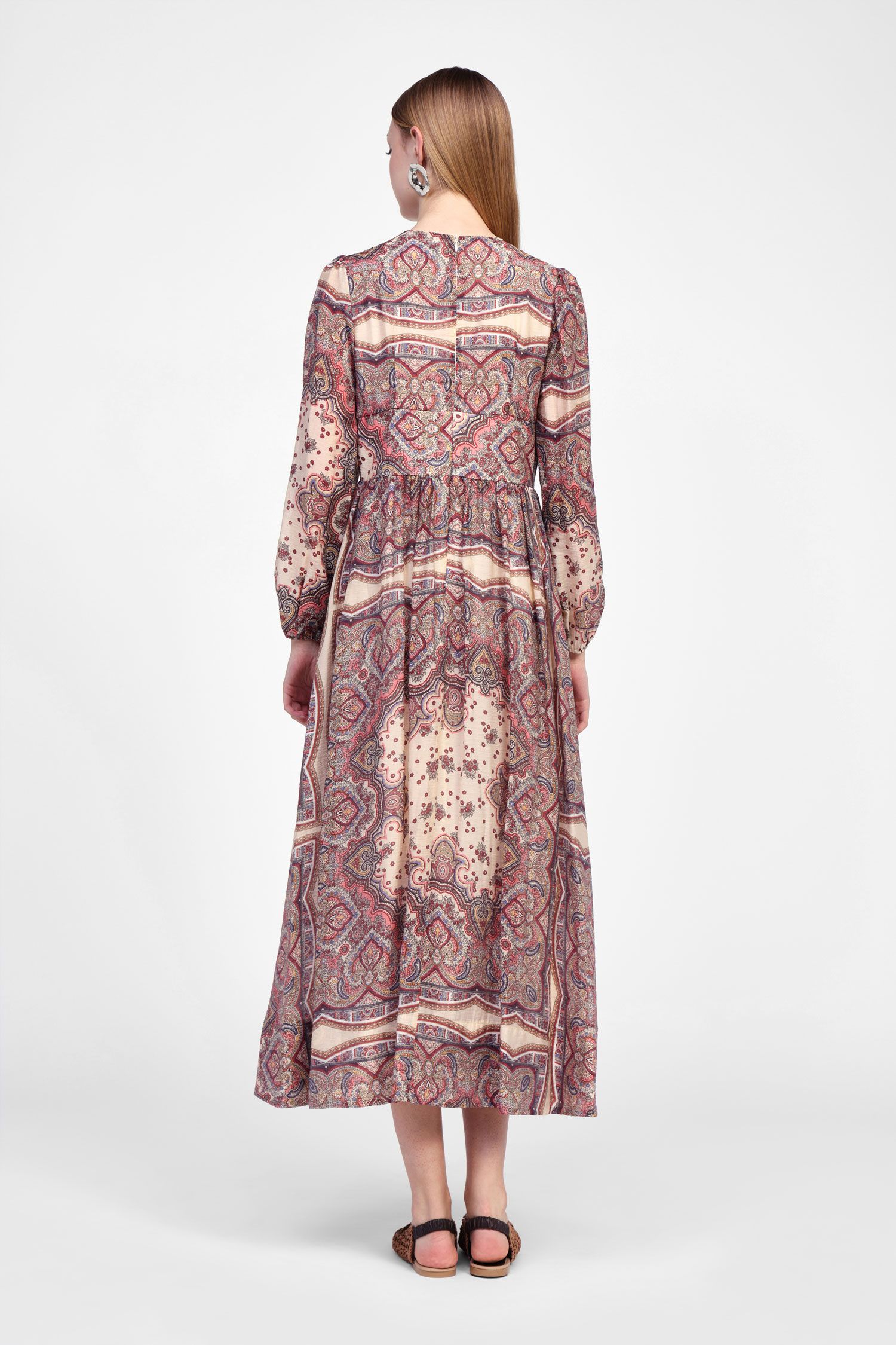 Dixie - Abito lungo scollo a V fantasia astratta in lyocell con manica lunga