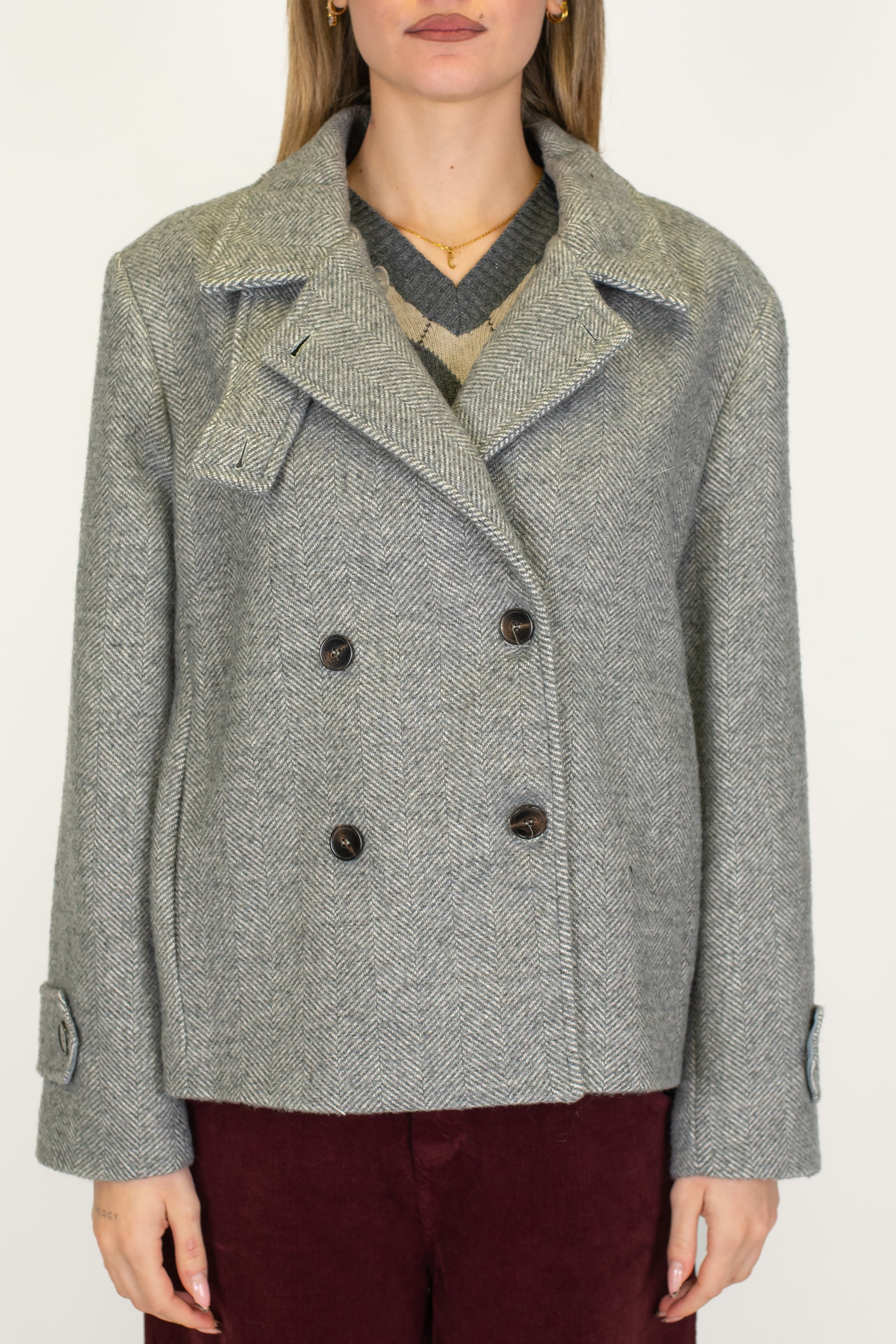 Tensione in - Cappotto corto doppiopetto fantasia spigata in misto lana