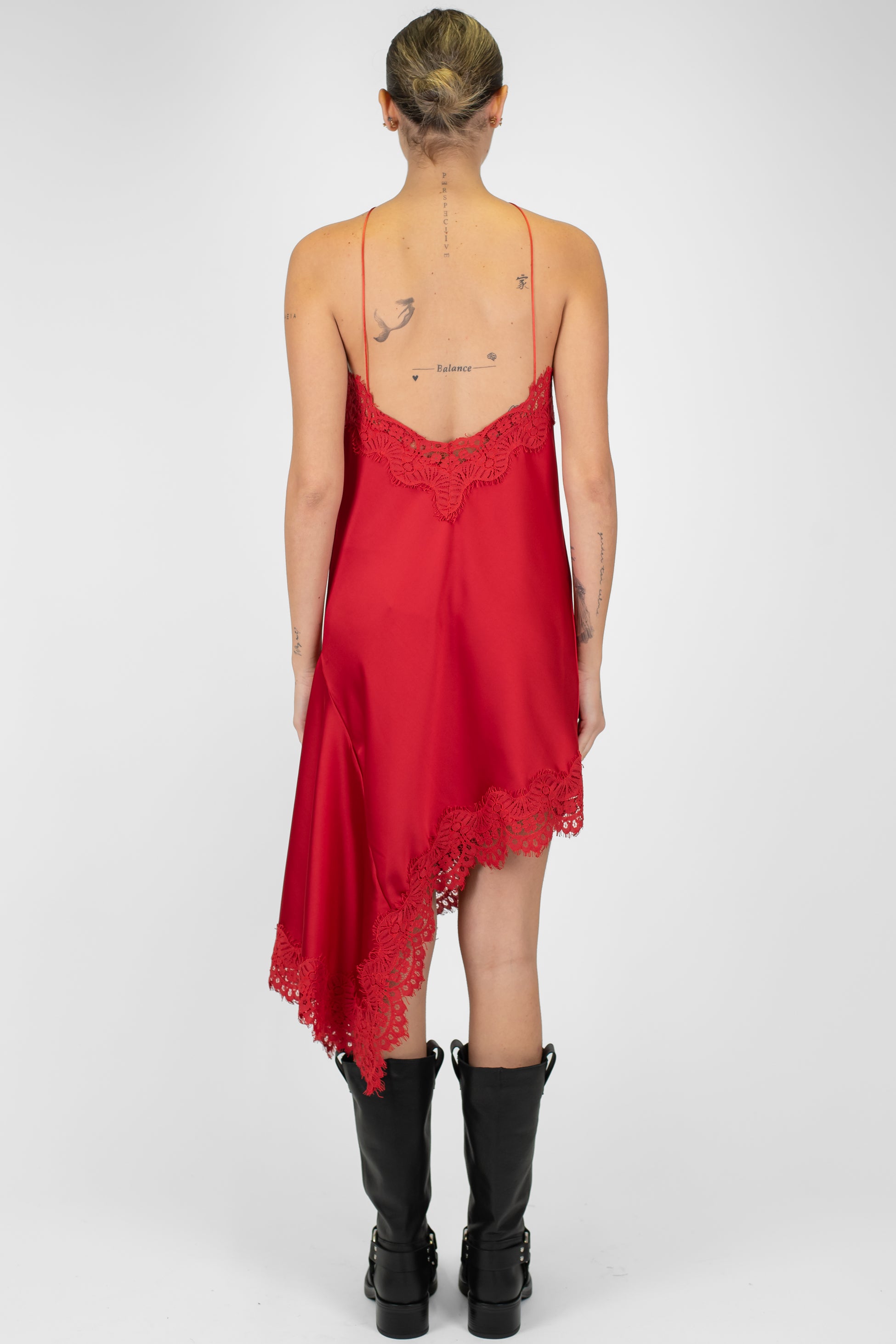 Motel - Abito corto in satin con profili in pizzo e asimmetria laterale