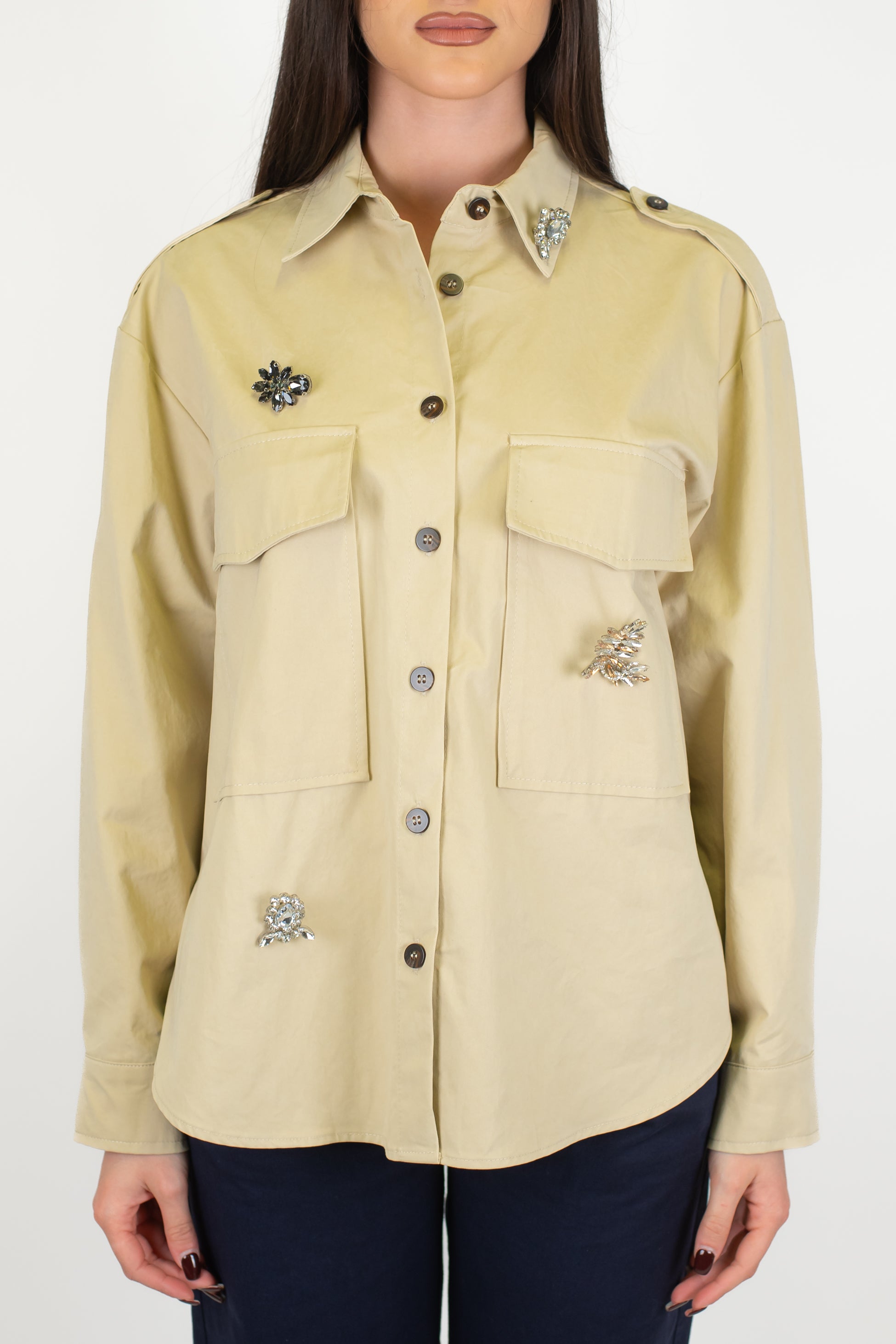 Maryley - Camicia in denim con tasconi e spille