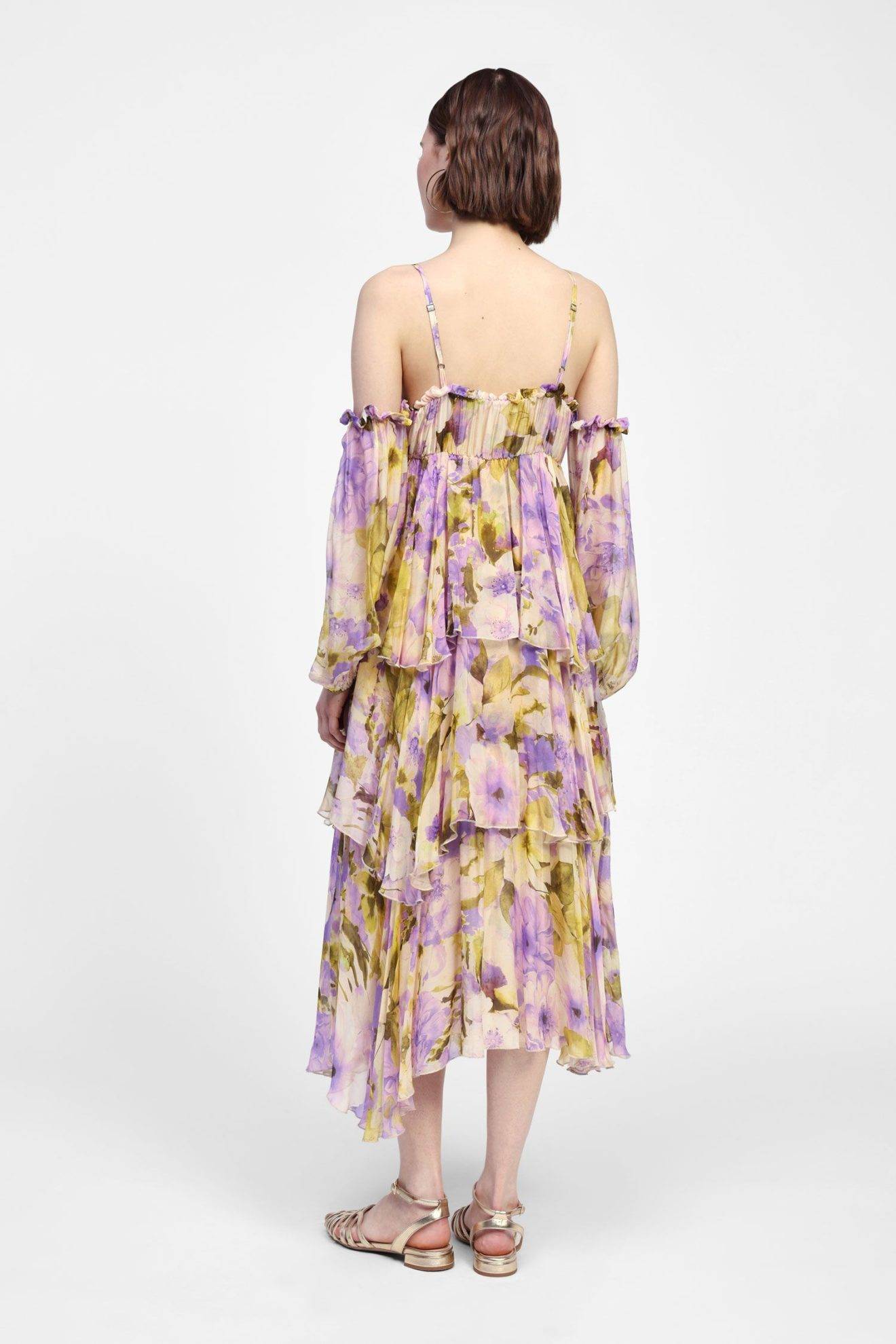 DIxie - Abito luingo a balza in misto seta con spalle scoperte