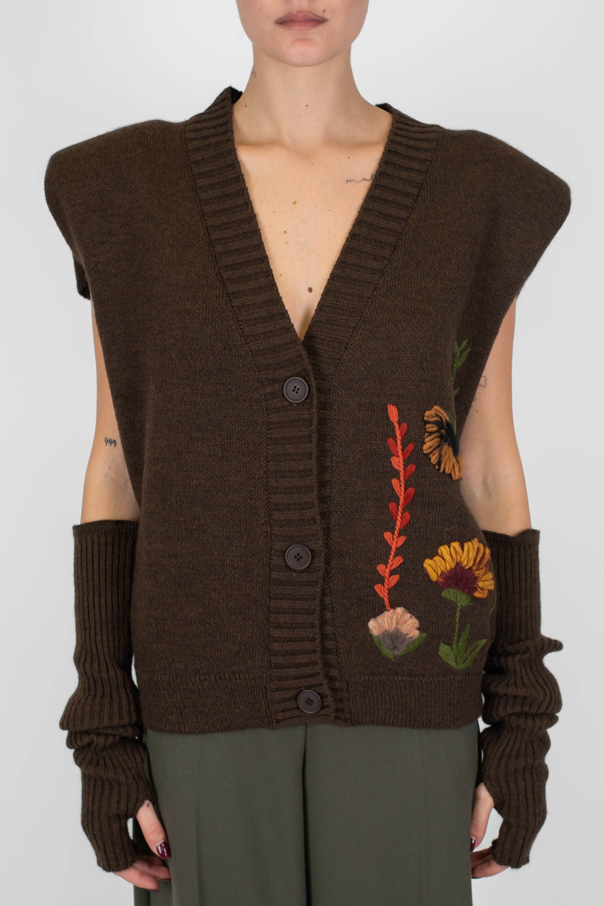 Maryley - Gilet over con spalline in misto lana con applicazioni e manicotti
