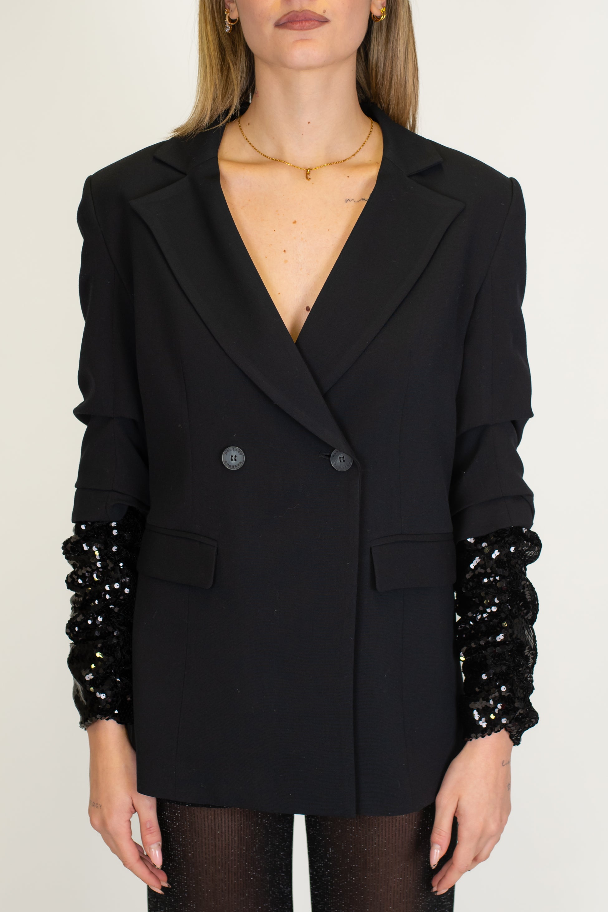 Haveone - Giacca doppiapetto con manica arricciata in paillettes