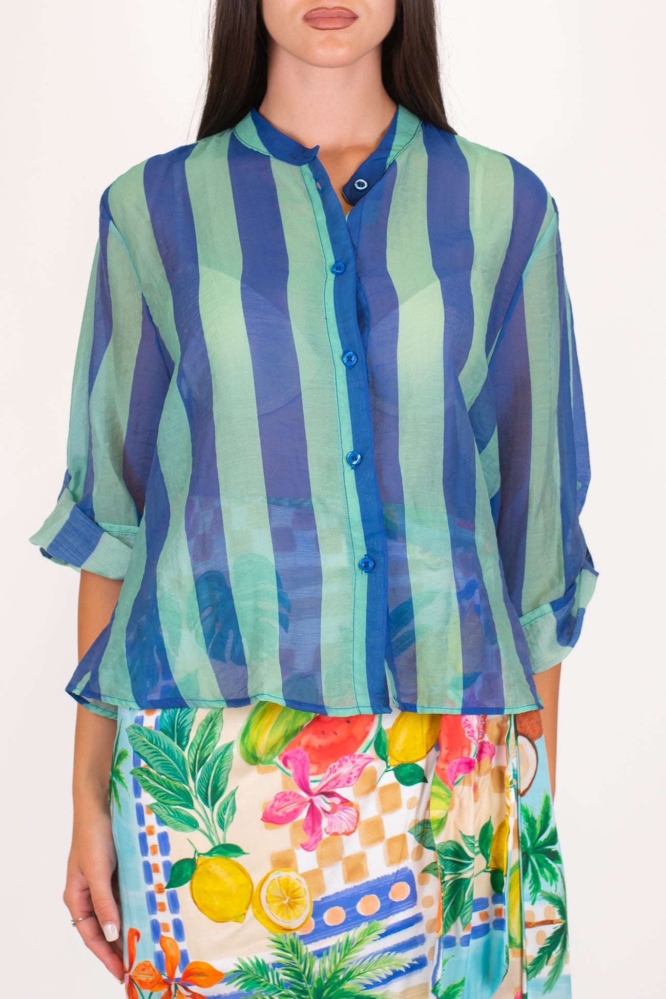 Haveone - Camicia fantasia a righe a contrasto in lyocell con manica tre quarti