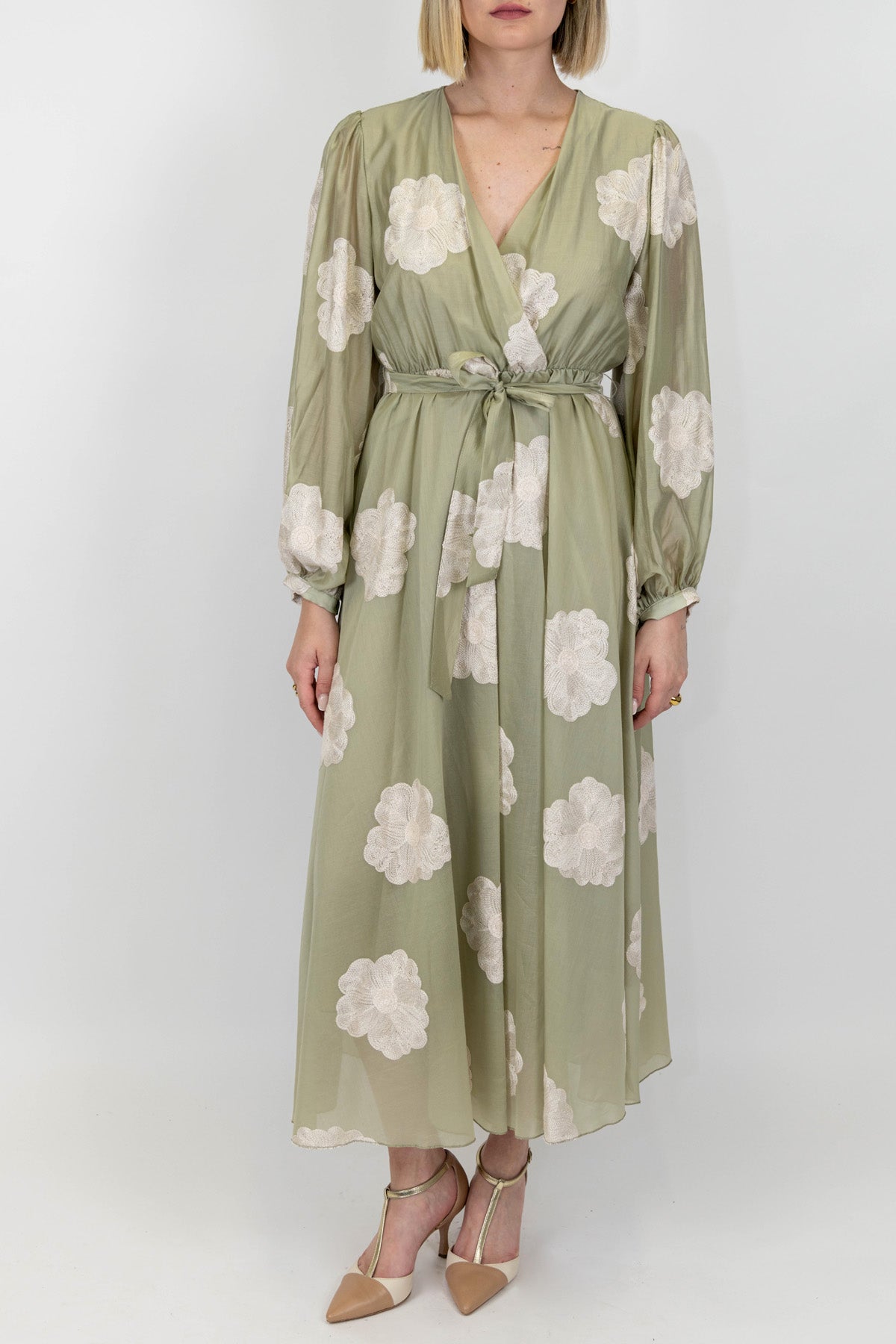 Dixie - Abito lungo in tencel con ricami e cintura in tessuto