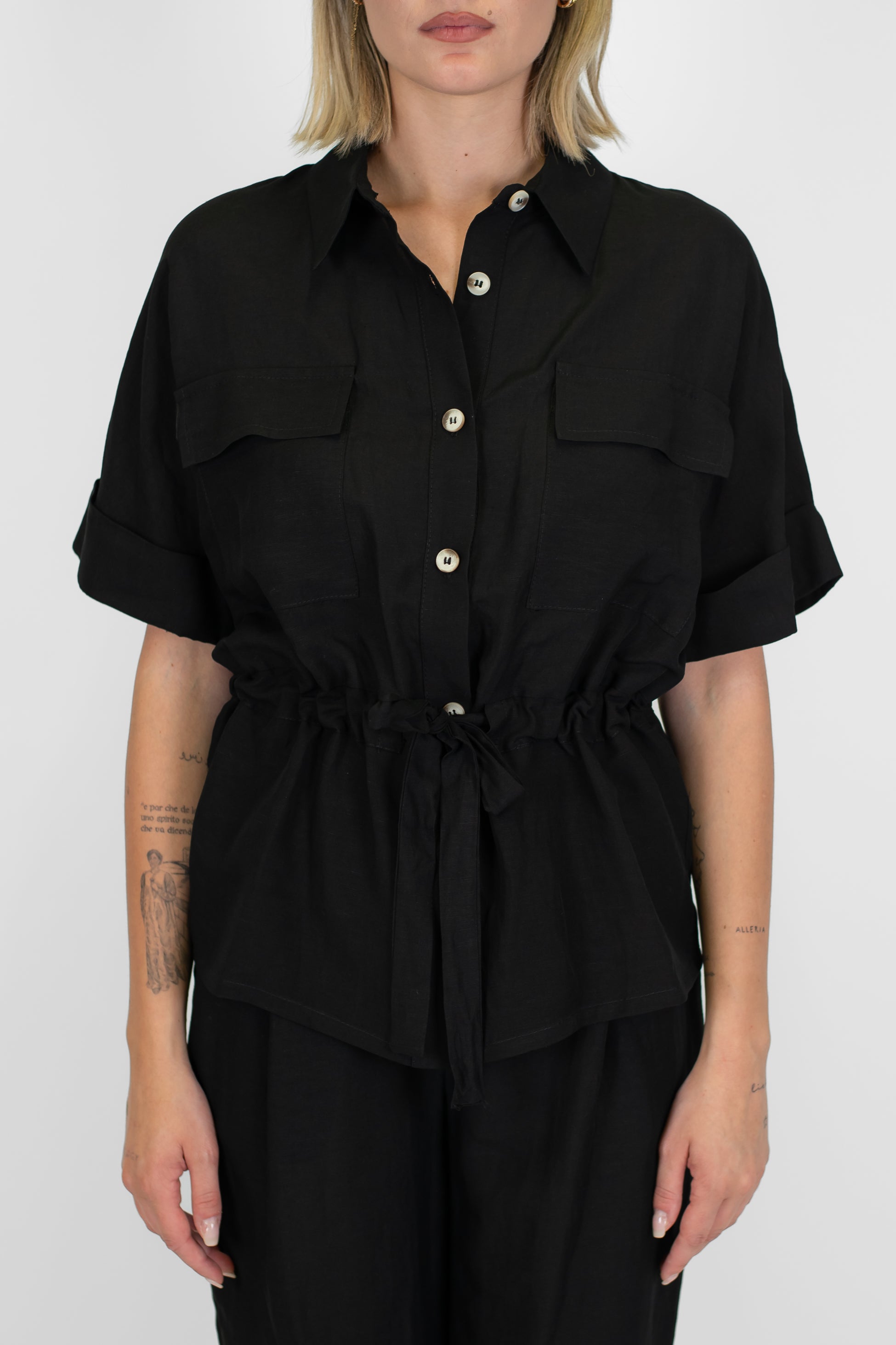 Motel - Coordinato camicia e pantalone in misto lino con elastico con in vita