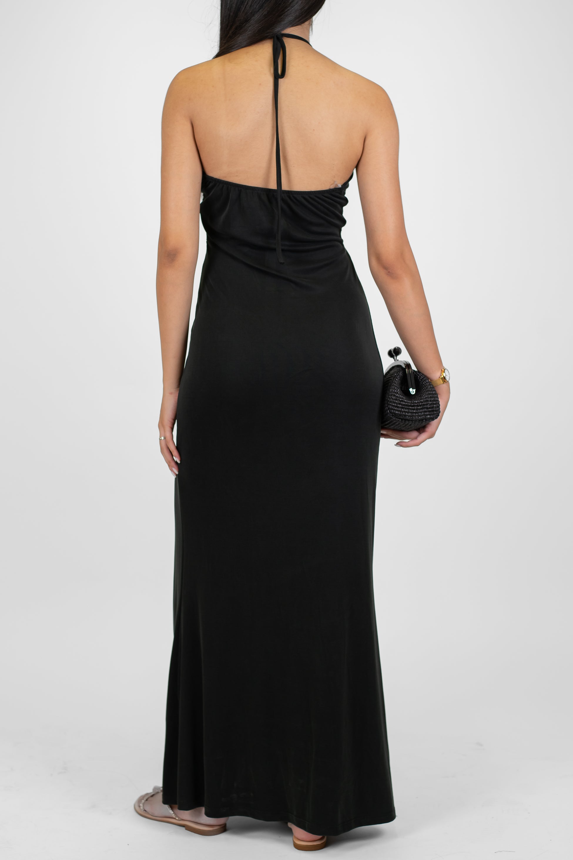 Haveone - Abito lungo con accessorio al collo e spacco