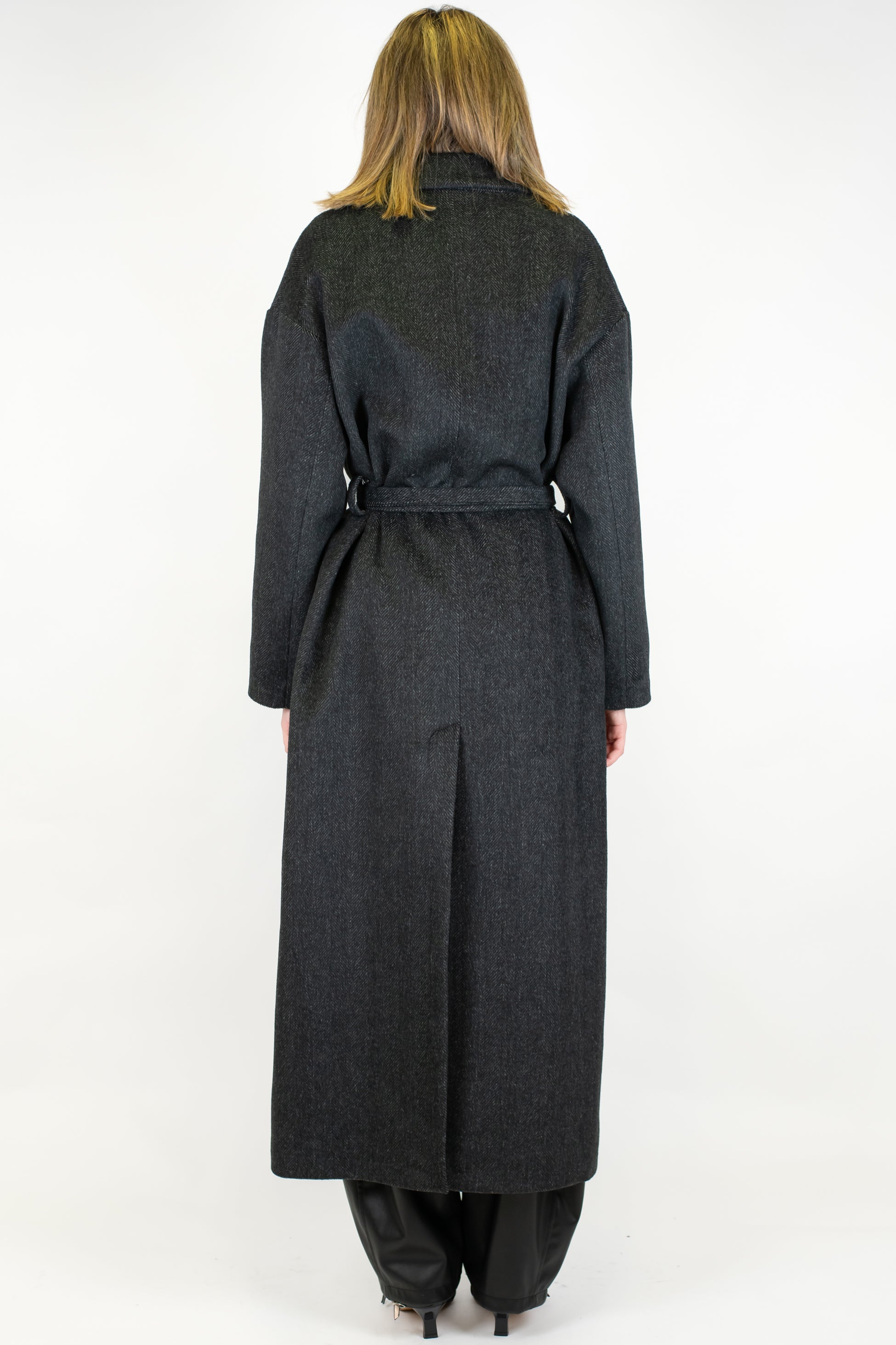 Maryley - Cappotto lungo fantasia diagonale con spilla gioiello e cintura in tessuto