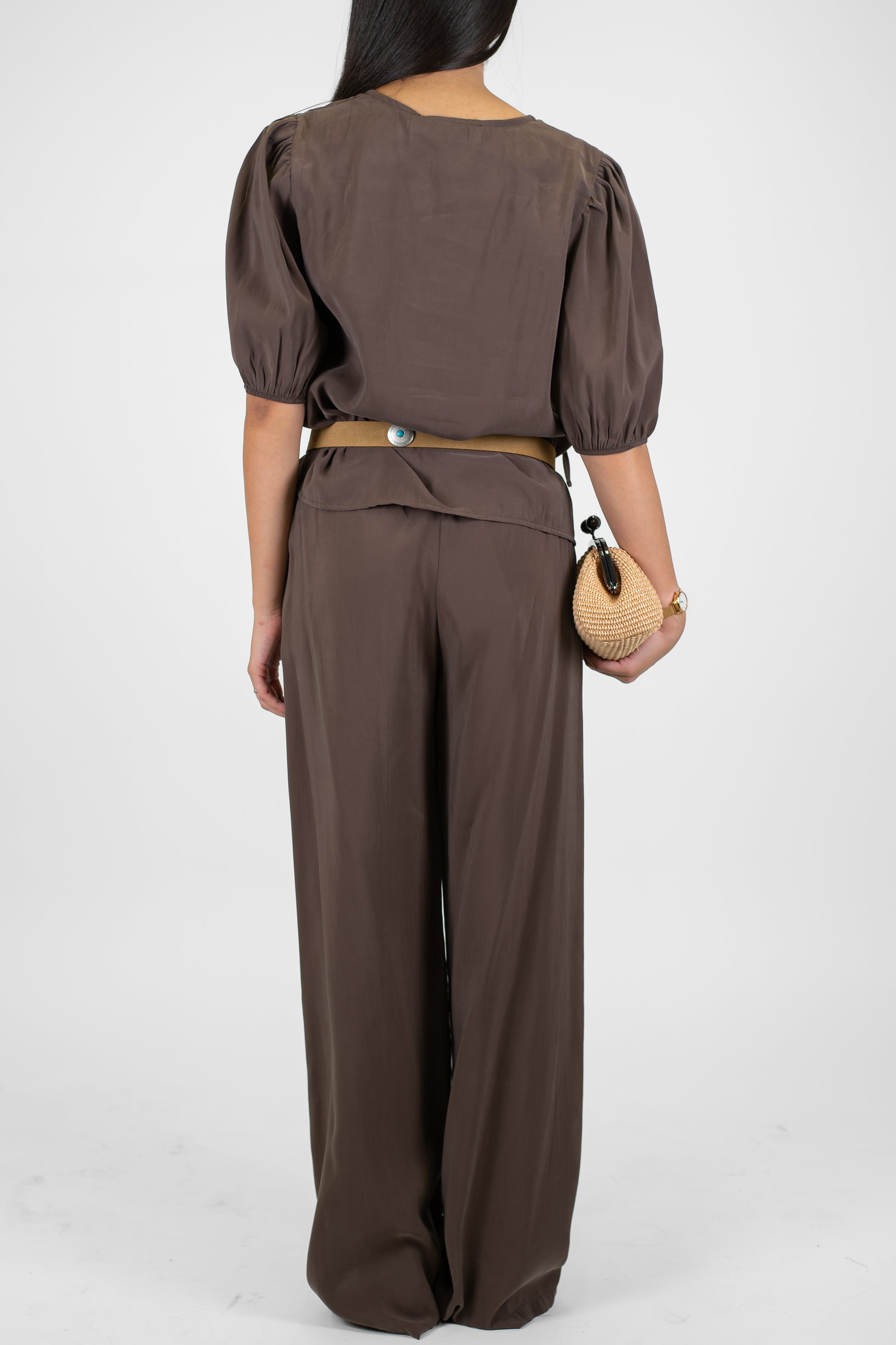 Haveone - Coordinato in modal con t-shirt scollo a V con lacci e pantalone palazzo con coulisse