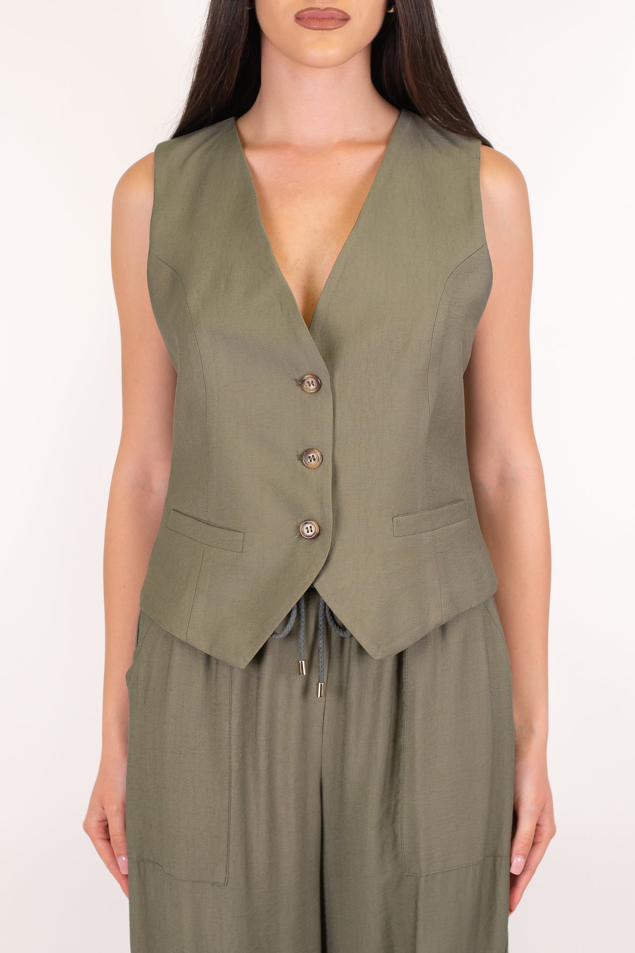 Dixie - Coodinato in viscosa leggera con gilet e pantalone cargo palazzo con coulisse
