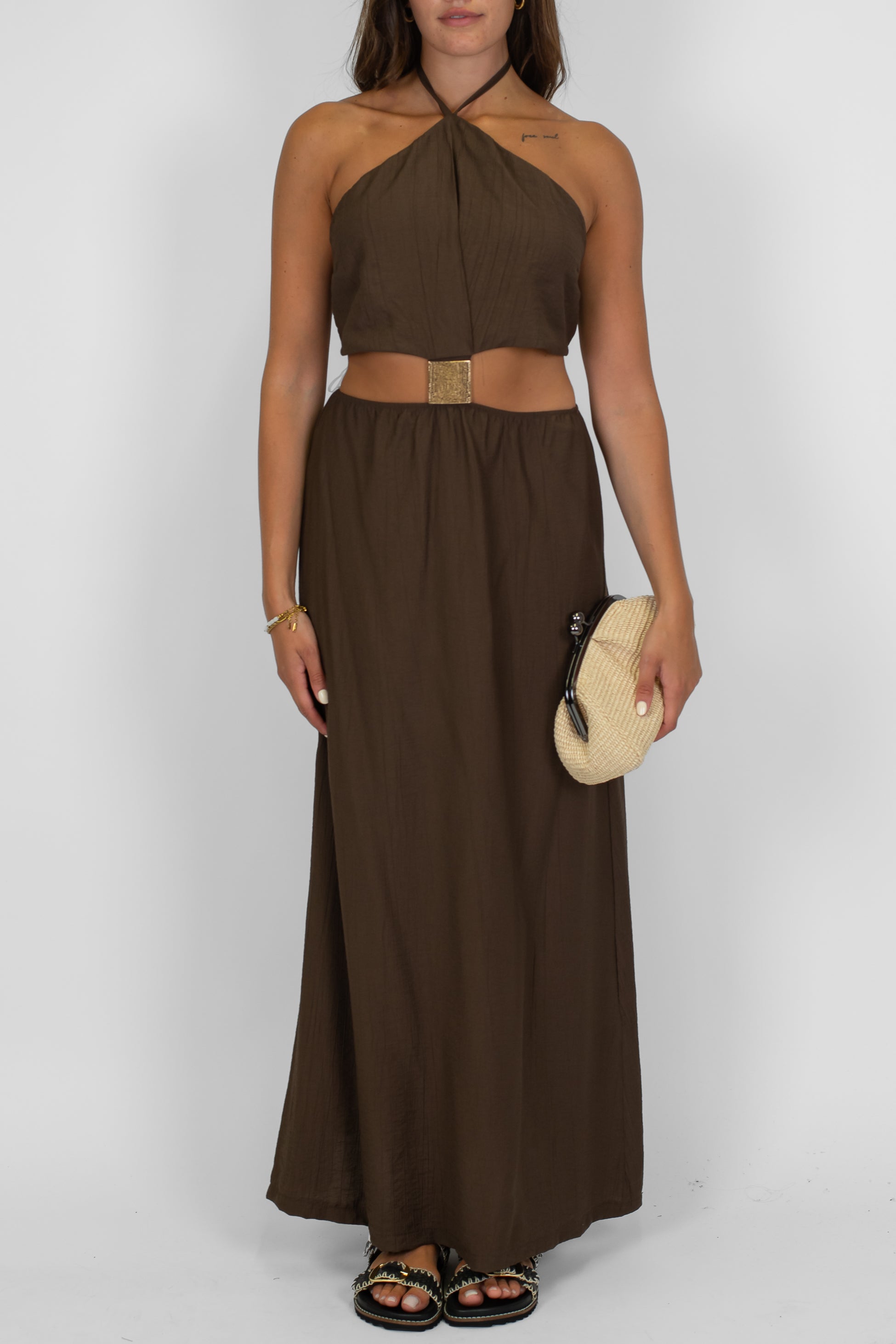 Haveone - Abito lungo cut-out con applicazioni in oro e allaccio al collo