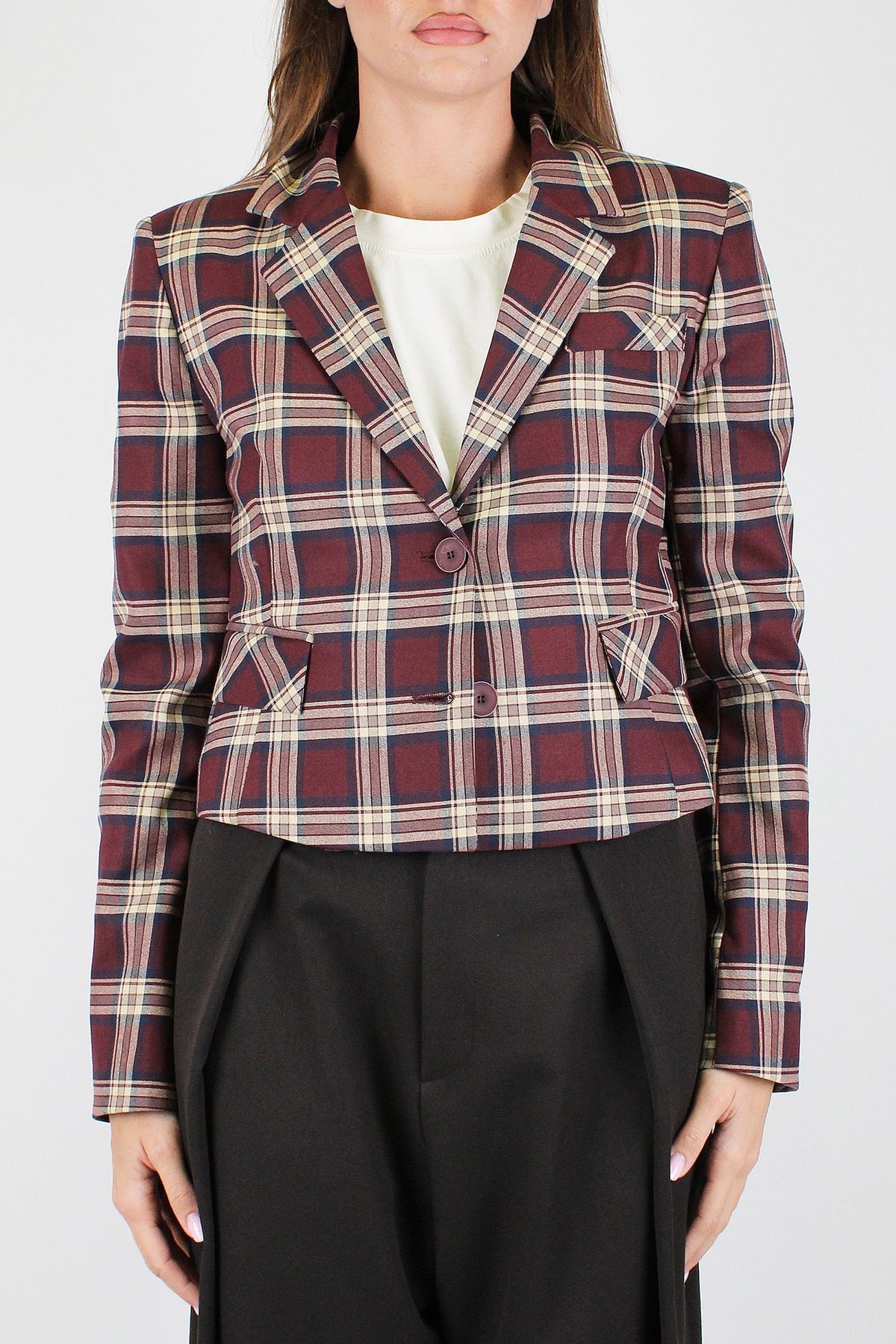 Haveone - Giacca crop fantasia check con spalline
