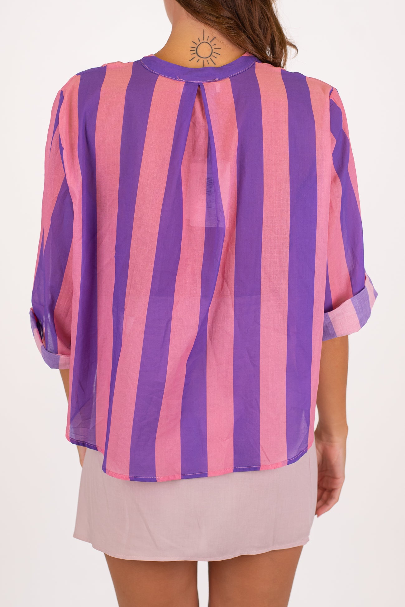 Motel - Camicia fantasia a righe in mussola di cotone con collo coreano