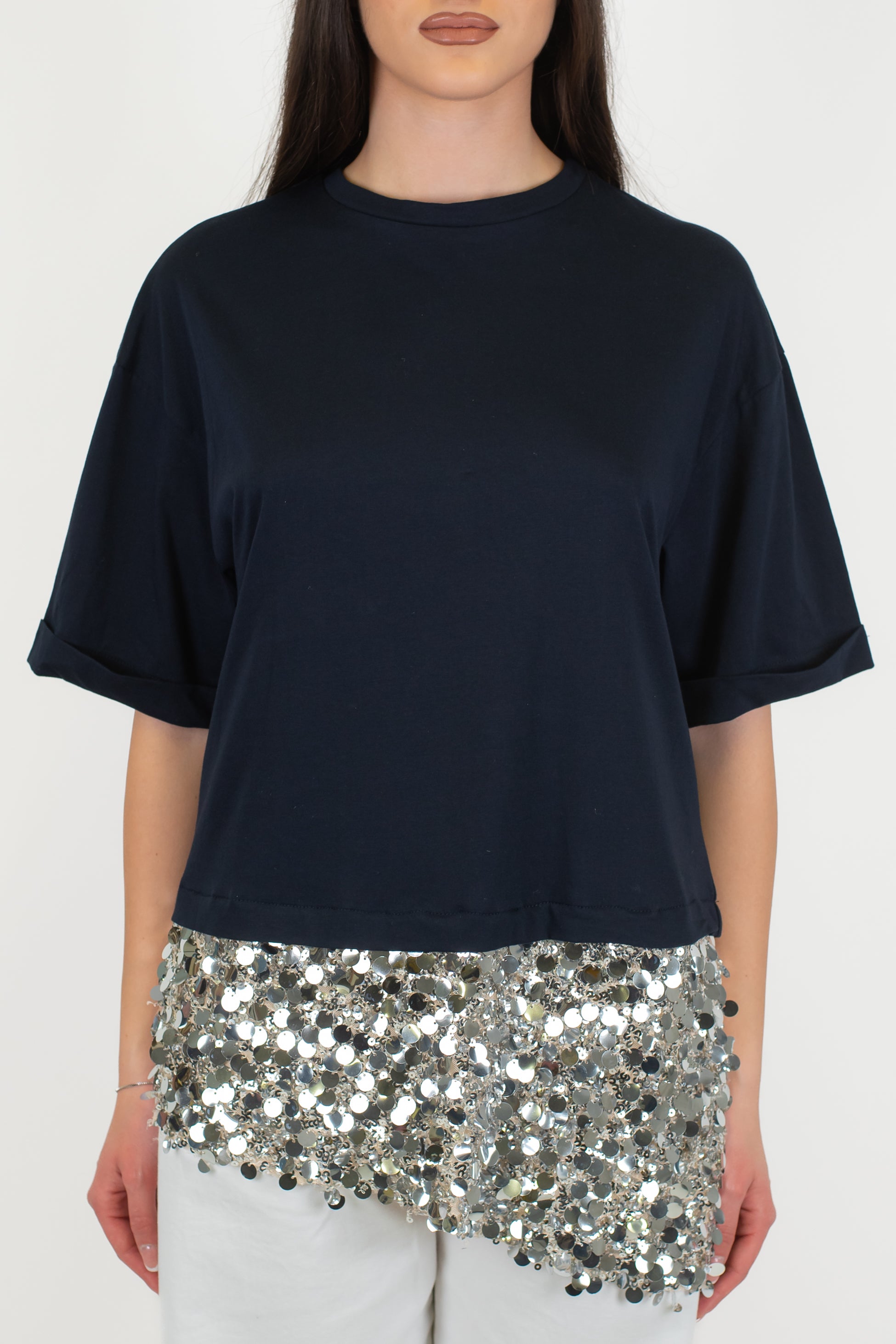 Motel - T-shirt over con estensione asimmetrica in paillettes