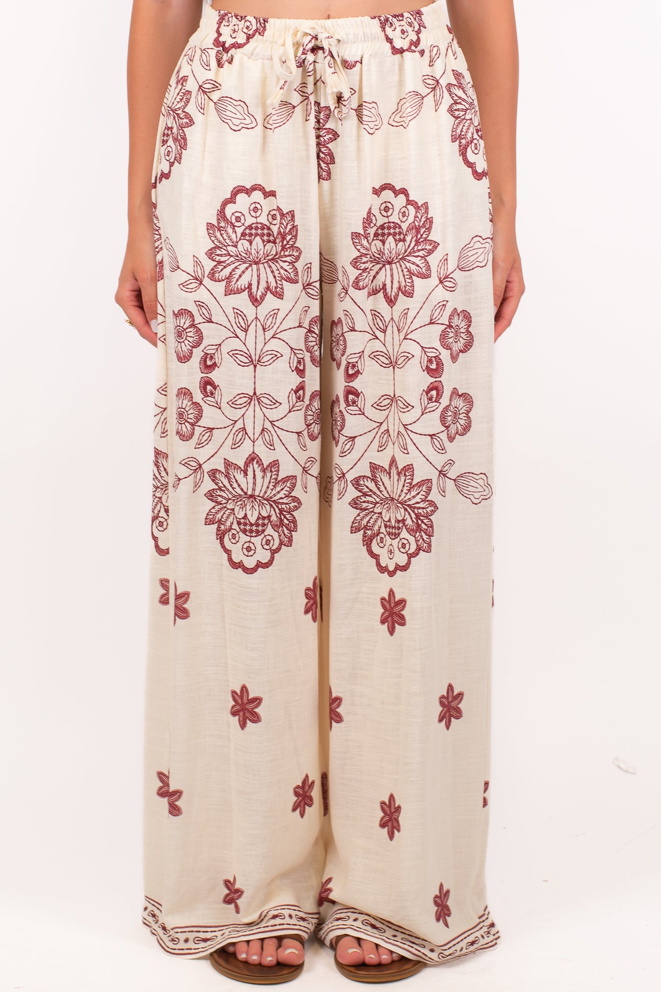 Tensione in - Pantalone palazzo fantasia floreale in misto viscosa e lino con coulisse